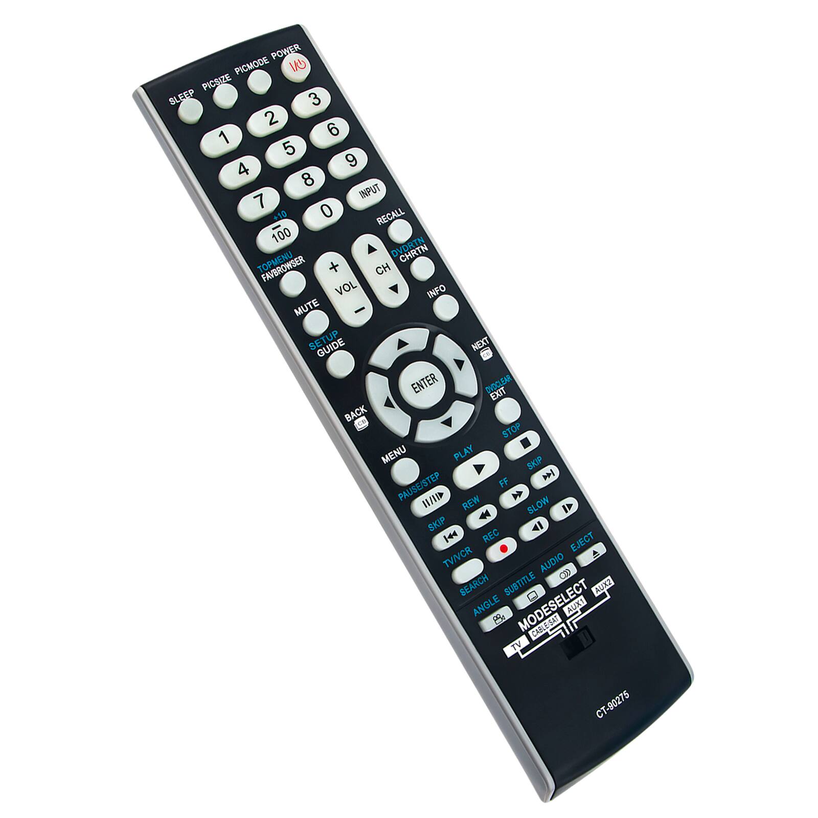 POWER PICMODE CU PICRIZE SLEEP 3 2 1 6 5 9 4 8 INPUT 7 0 +10 RECALL 100 A CHRTN FAVBROWSER + CH VOL INFO MUTE - TUP NEXT GUIDE DE ENTER DVDCLEAR EXIT BACK CB STOP MENU PLAY SKIP H PAUSE/STEP FF / REW SLOW SKIP 41 I44 REC EJECT TV/VCR AUDIO CW SEARCH SUBTITLE - AUXZ ANGLE B MODESELECT CABLE/GAT CABLE AUXI TV CT-90275