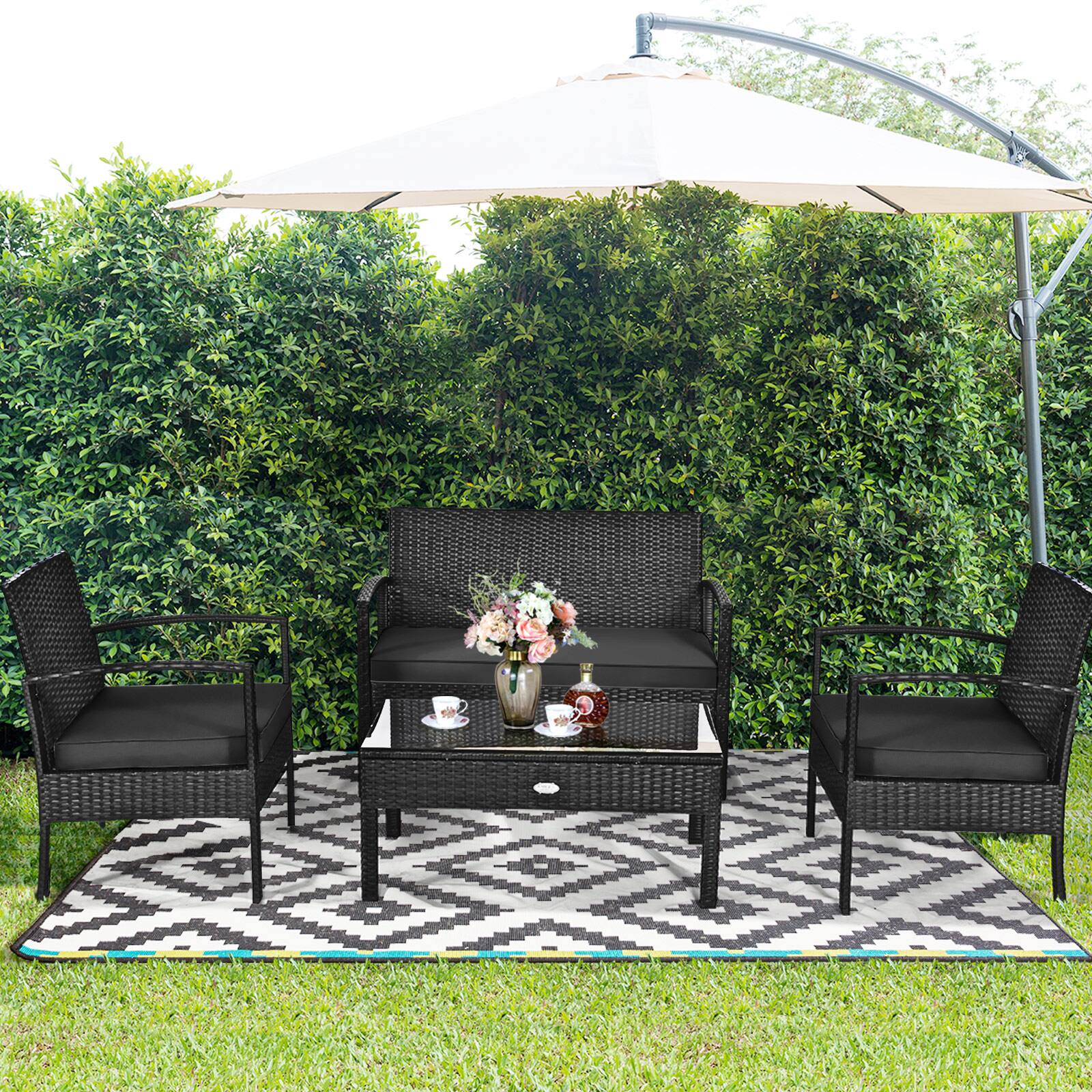 Alt View 1. Gymax - Gymax Set Of 4 Outdoor Patio Rattan Furniture Set Cushioned Sofa Coffee Table Garden Deck - Black.