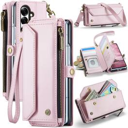 Dteck - Crossbody Wallet Case for Samsung Galaxy Z Fold7 with Card Slots and Zipper Pocket, RFID Blocking PU Leather Cover - Pink