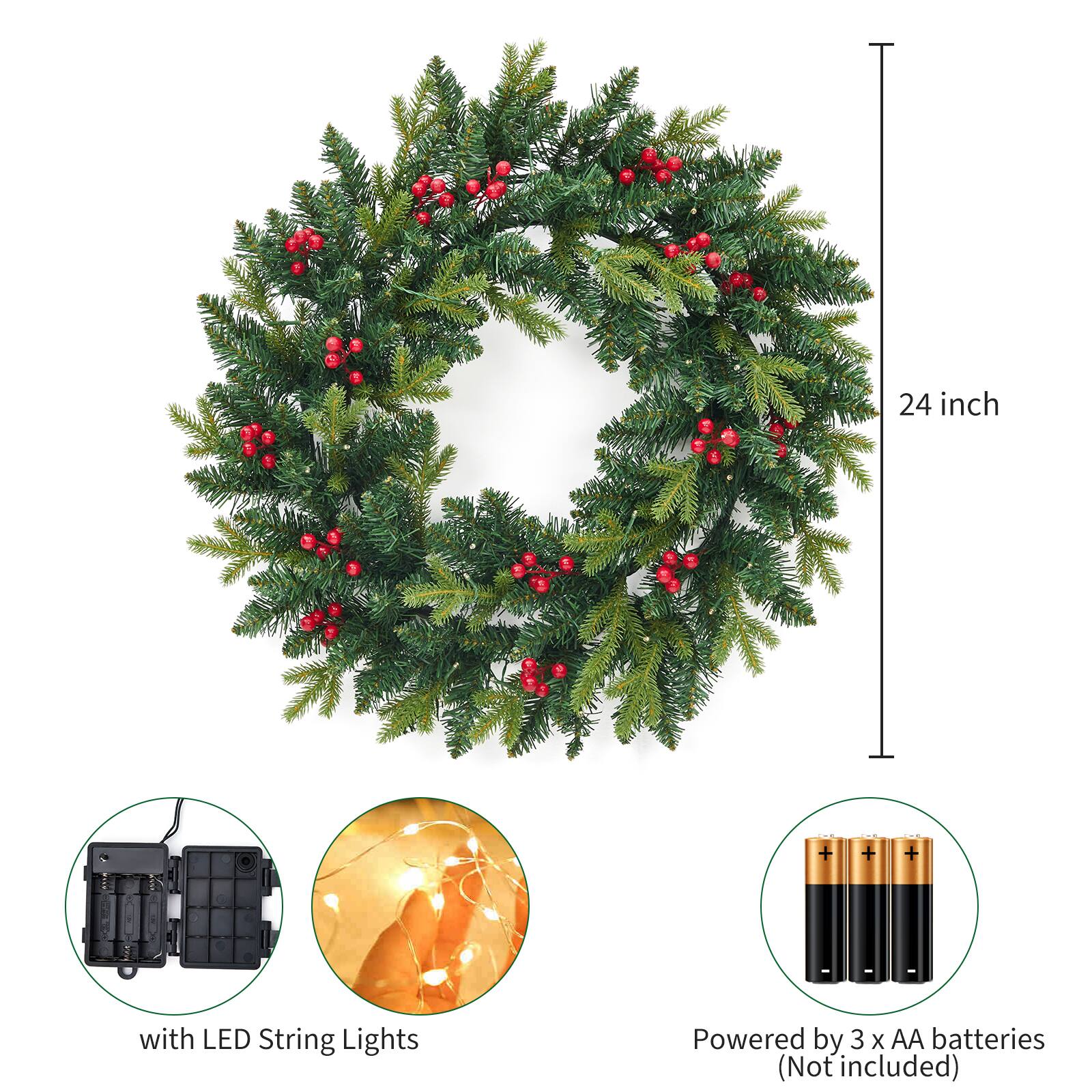 24 inch with LED String Lights Powered by 3 x AA batteries (Not included)