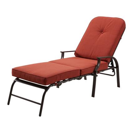 Front. Mondawe - Adjustable Outdoor Chaise Lounge with Armrest and Cushion - Orange Red.