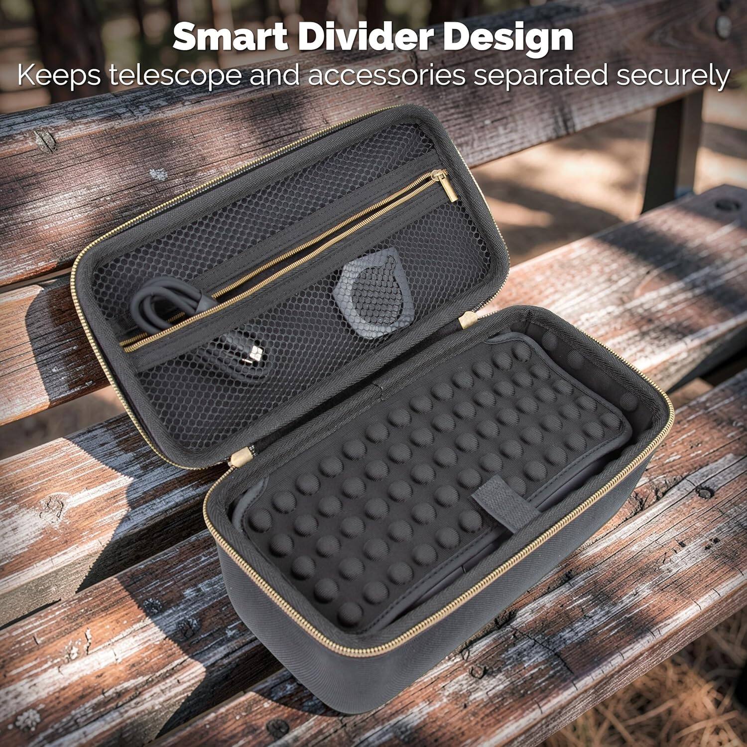 Smart Divider Design  
Keeps telescope and accessories separated securely