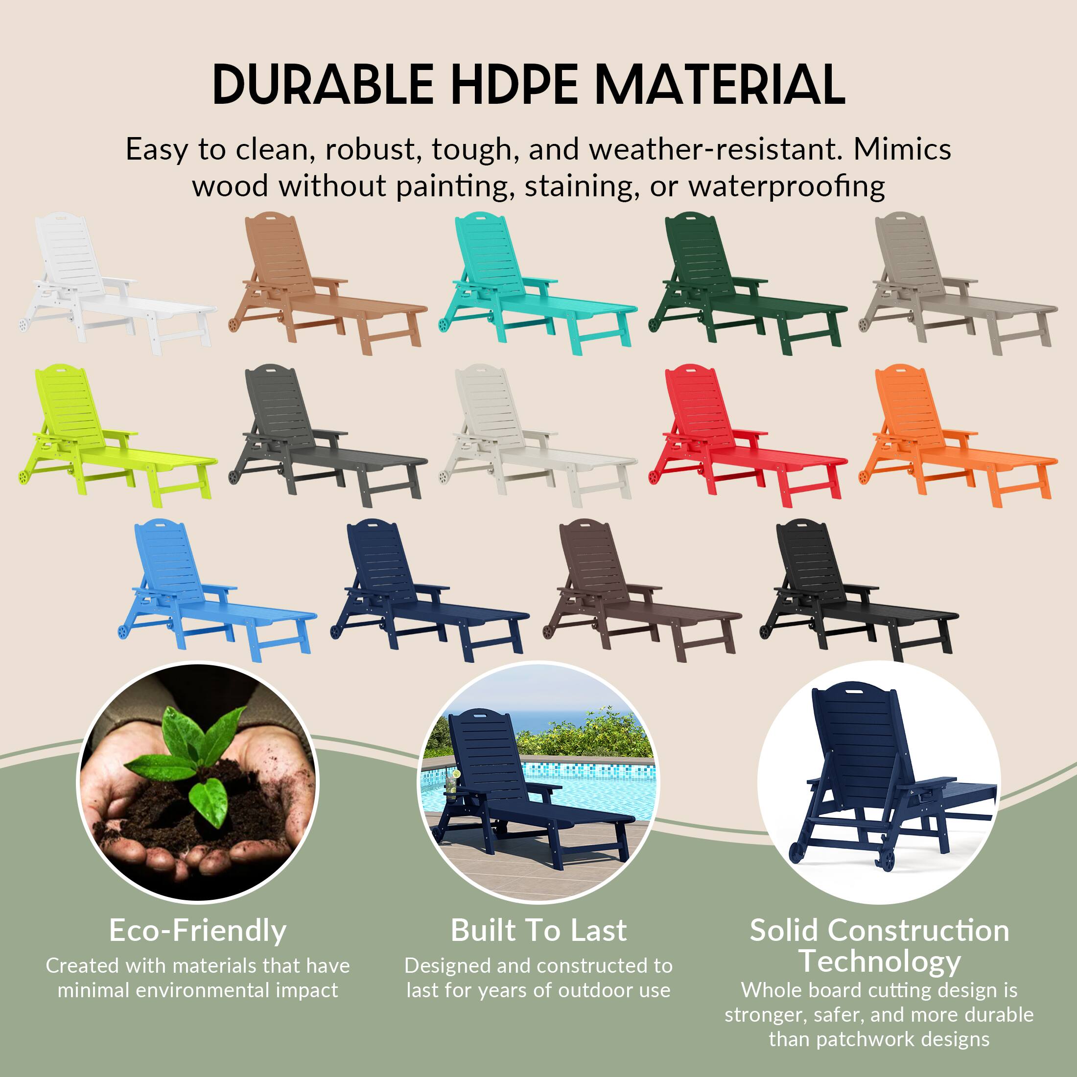 DURABLE HDPE MATERIAL

Easy to clean, robust, tough, and weather-resistant. Mimics wood without painting, staining, or waterproofing

Eco-Friendly
Created with materials that have minimal environmental impact

Built To Last
Designed and constructed to last for years of outdoor use

Solid Construction Technology
Whole board cutting design is stronger, safer, and more durable than patchwork designs