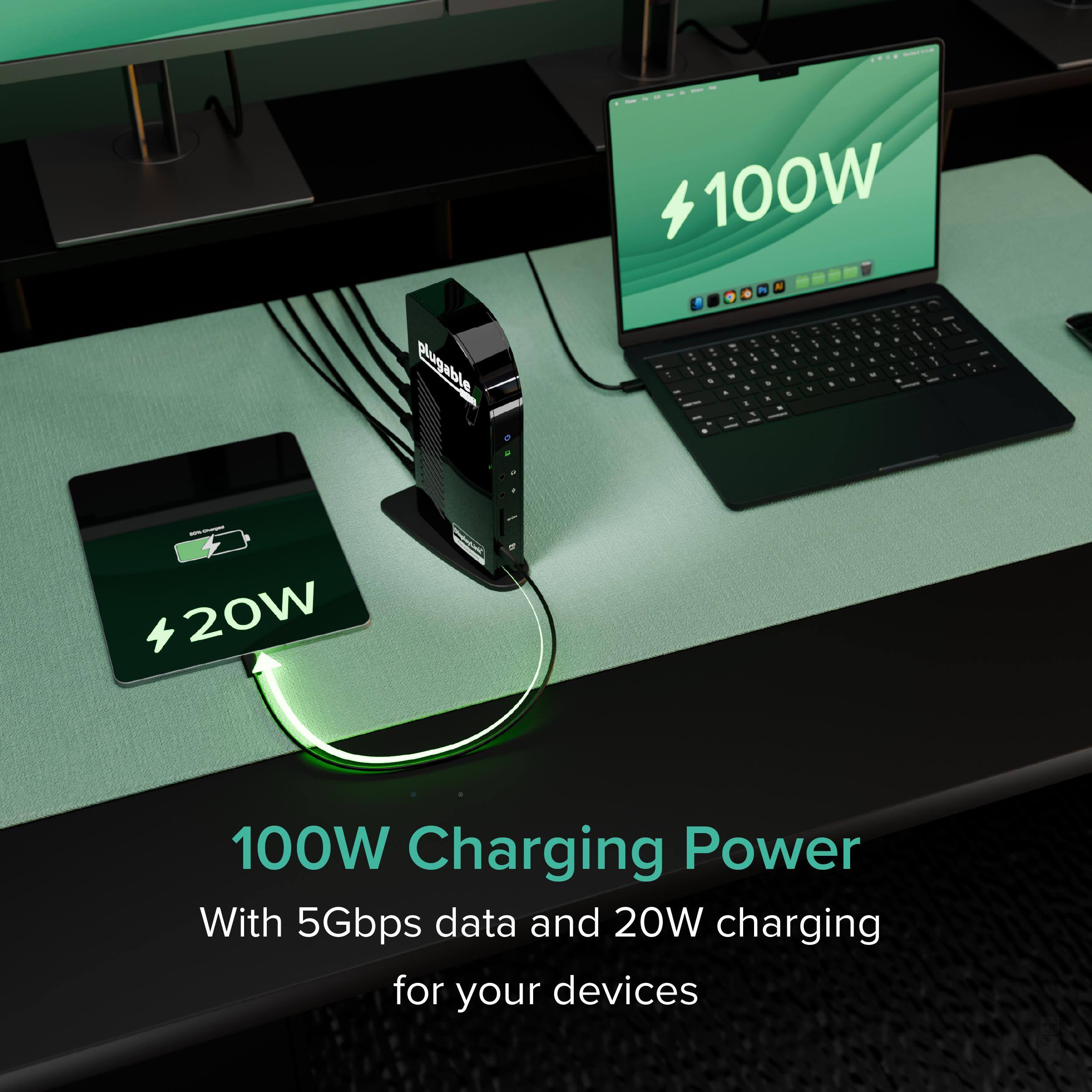 Plugable 100W N. i. +: - A I - - 4: . . & L a - - . a d : : S . - . - 1 1 - . . 1 . - a 1 - - - . - - - - - - . - - a + 20W 100W Charging Power With 5Gbps data and 20W charging for your devices