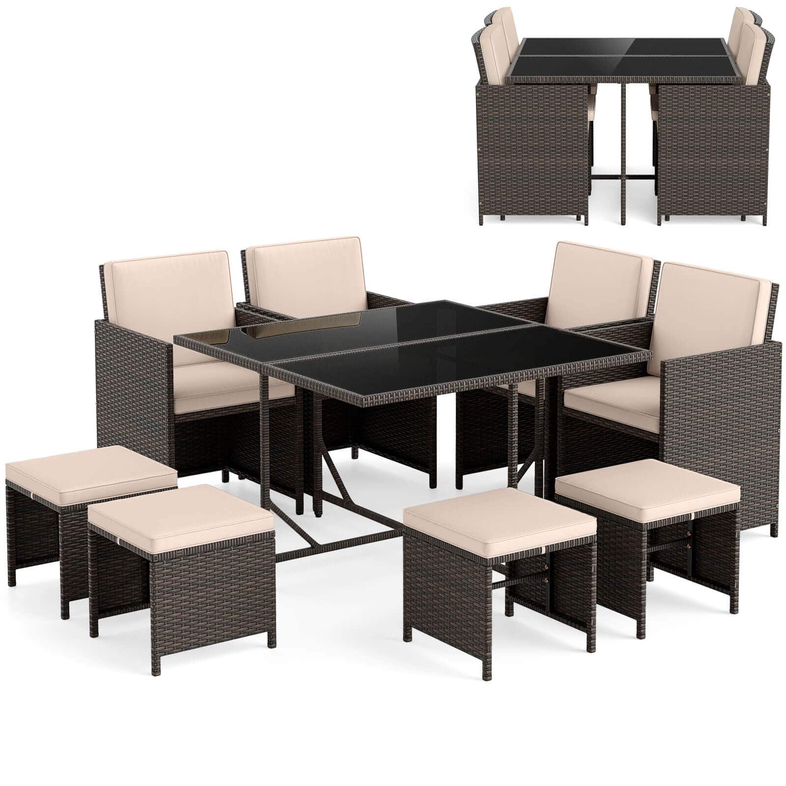 Costway - 9 PCS Patio Dining Set with Tempered Glass Table & Ottoman Removable Cushions - Beige price history on PriceWatchPro