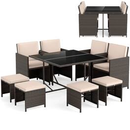 Costway - 9 PCS Patio Dining Set with Tempered Glass Table & Ottoman Removable Cushions - Beige