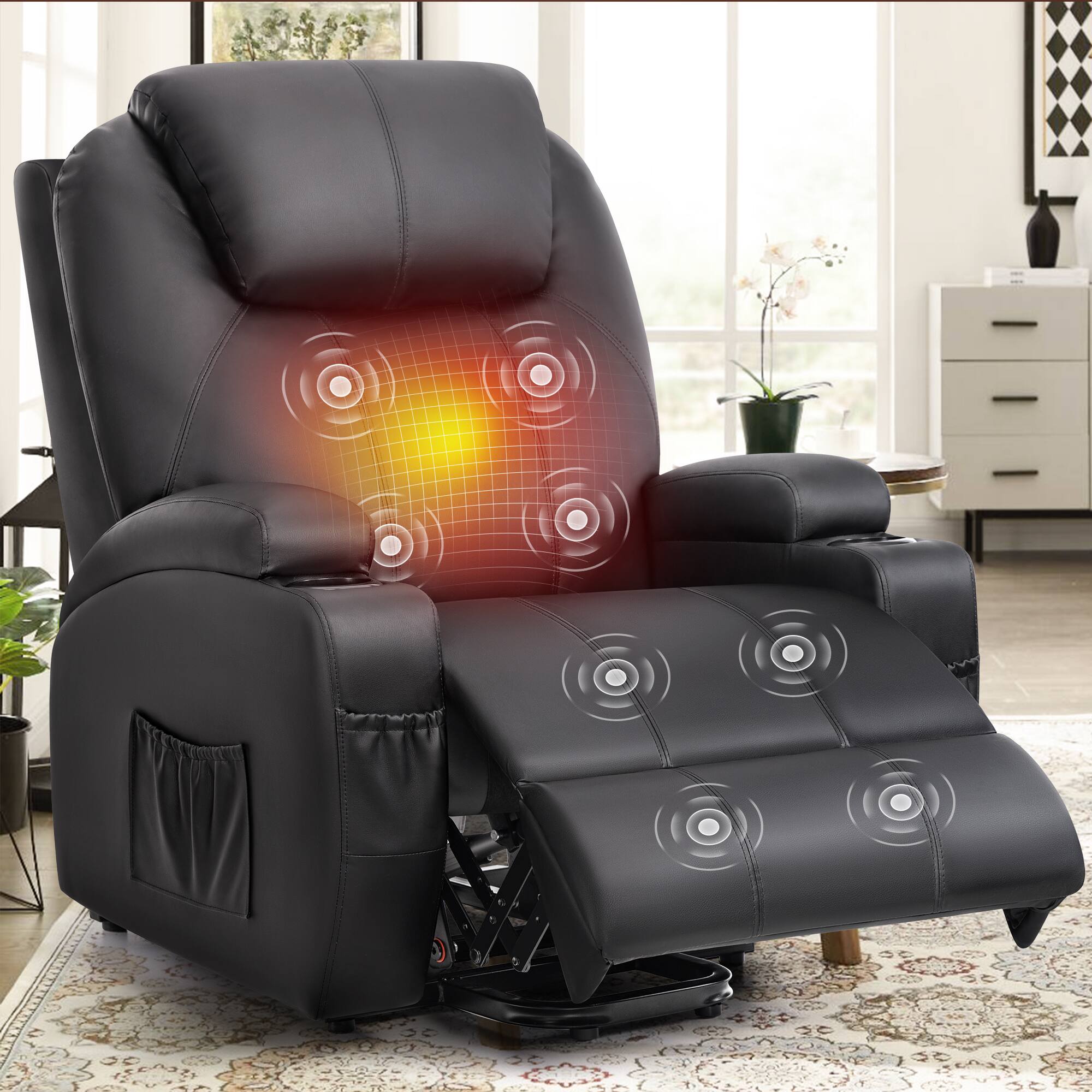 Angle. KERDOM - Massage Recliner with Heat, Power Lift, Cup Holder, Electric Single Reclining Sofa Chair Theater Seat with Massage - Black.