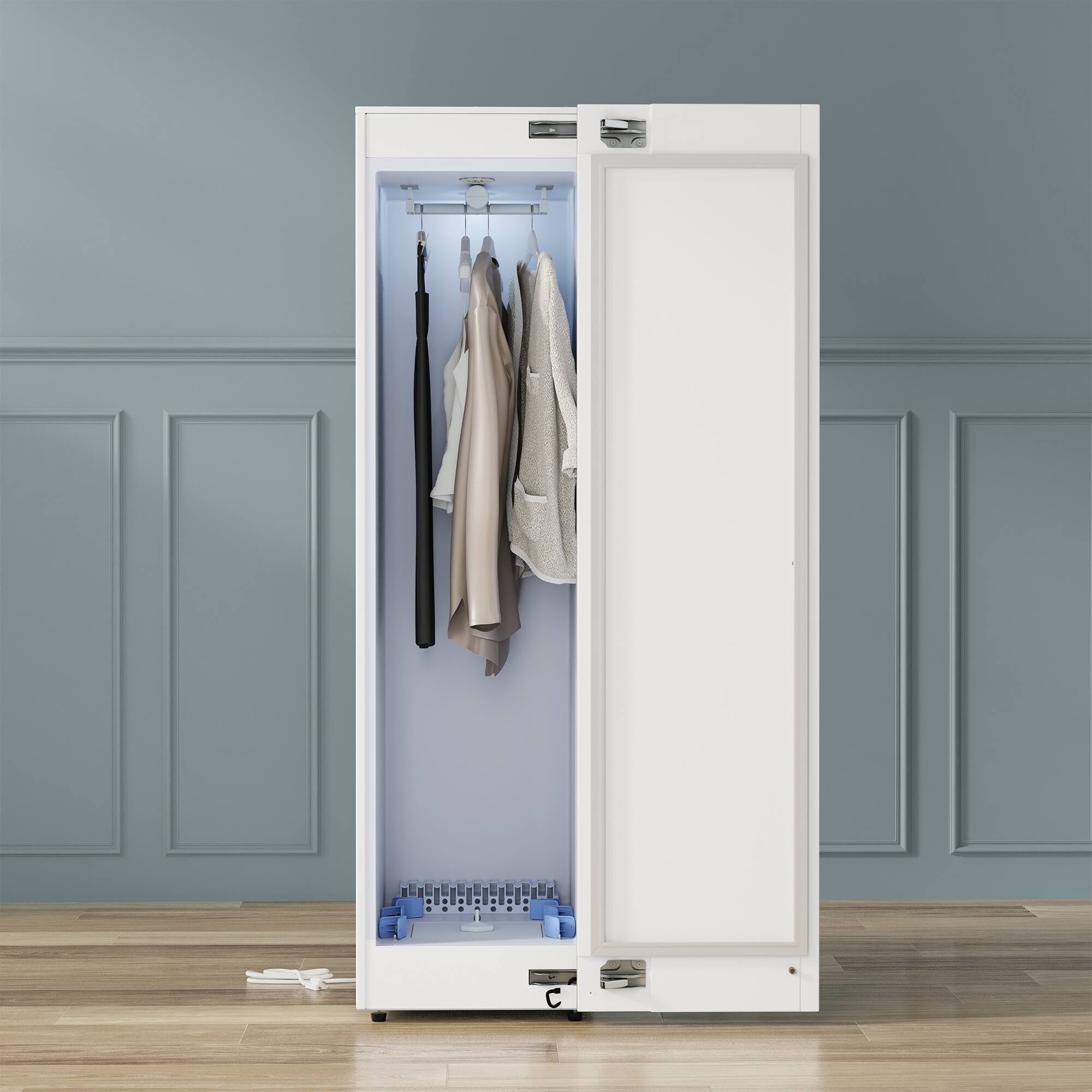 Left. Equator - Equator SDC 760 7.6 cu. ft. Smart Steam Closet Dryer 4 Moving Hangers UVC Quick20 Refresh Sanitize Deodorize 110V - White.