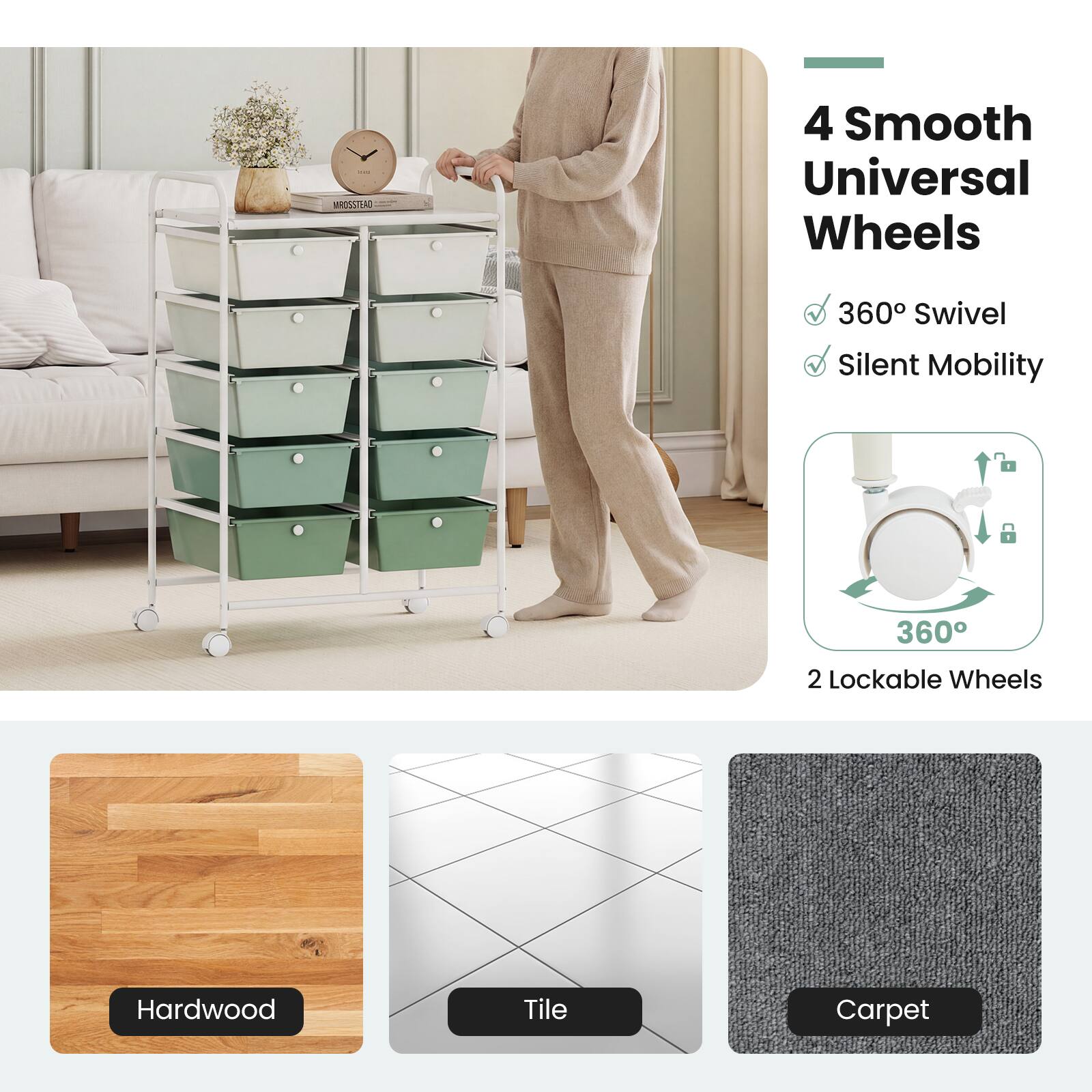 4 Smooth Universal Wheels  
360° Swivel  
Silent Mobility  
2 Lockable Wheels  

Hardwood  
Tile  
Carpet