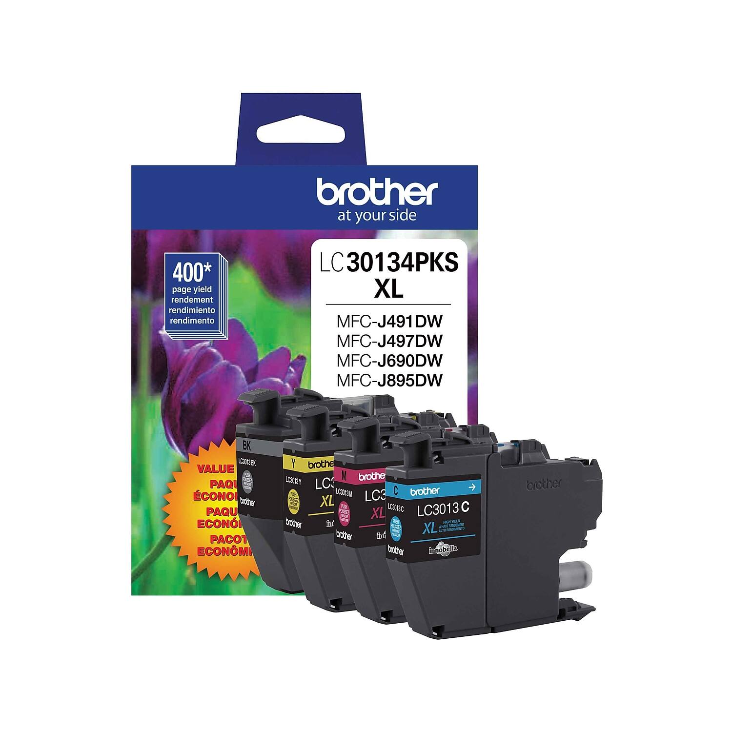 brother  
at your side  

LC30134PKS XL  

400* page yield  
rendement  
rendimiento  
rendimento  

MFC-J491DW  
MFC-J497DW  
MFC-J690DW  
MFC-J895DW  

VALUE  
PAQUÉ ECONOMIQUE  
PAQUETE ECONÓMICO  
PACOTE ECONÔMICO  

LC3013C  
XL  

brother  
first  
inkdatabank