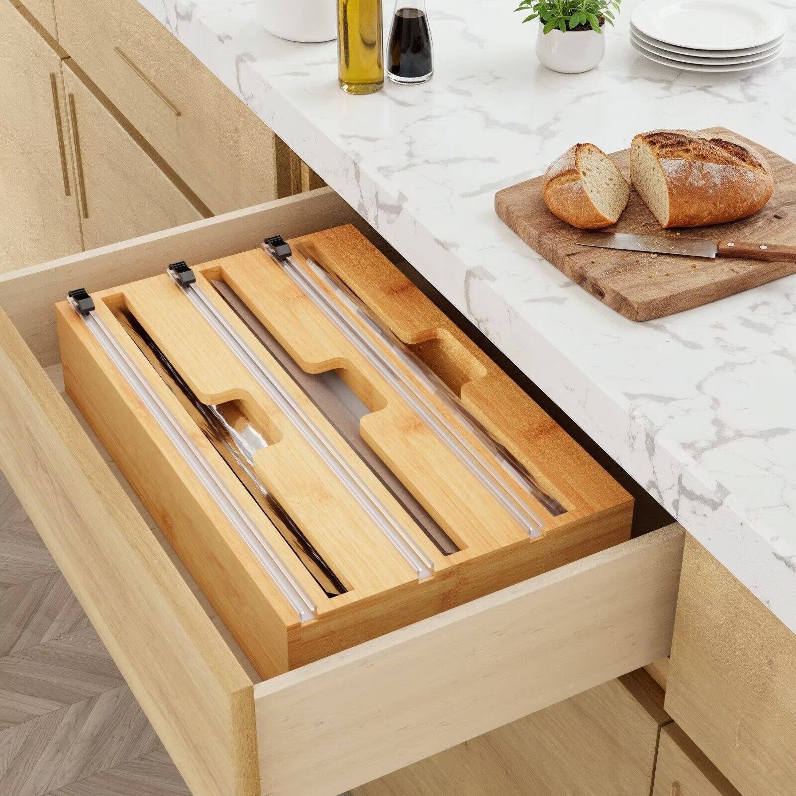 Alt View 2. Tooloton - 3 in 1 Wrap Dispenser with Cutter and Labels, Storage Holder for 12-Inch Plastic Wrap, Foil, Wax Paper Rolls, Natural - Natural.