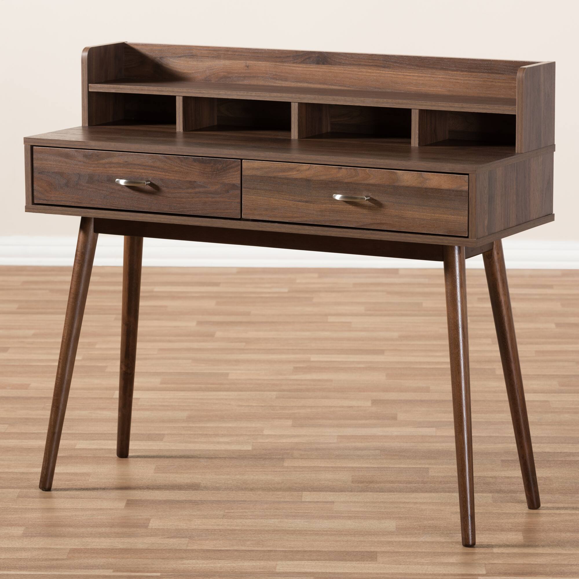 Alt View 4. Baxton Studio - Disa Mid-Century Modern Finished 2-Drawer Desk - Brown.