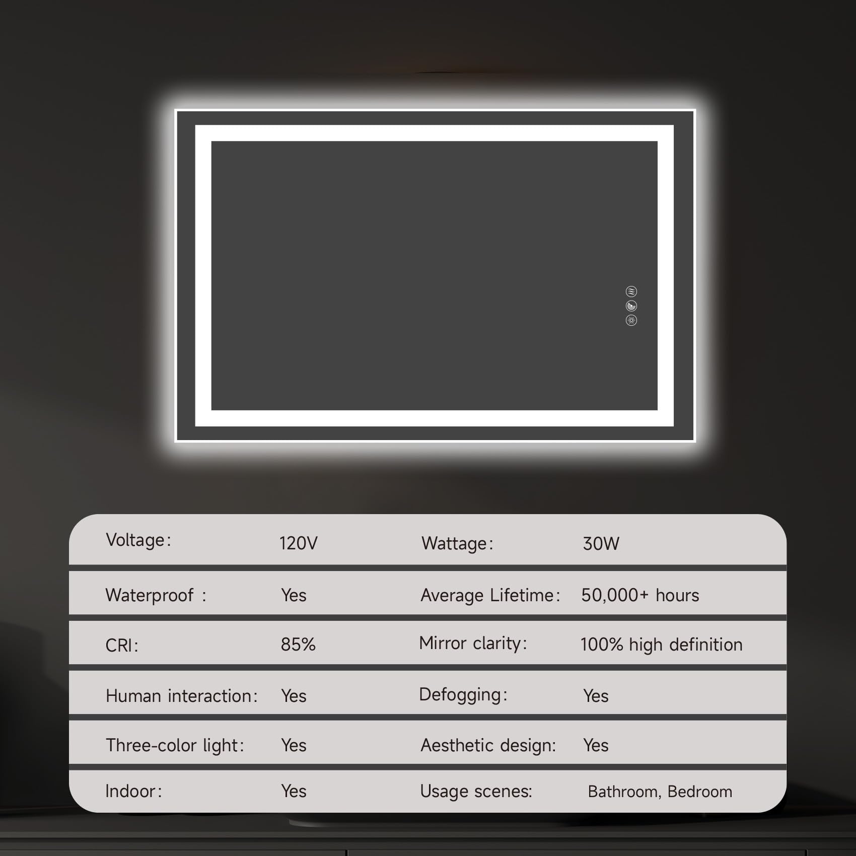 - Voltage: 120V
- Wattage: 30W
- Waterproof: Yes
- Average Lifetime: 50,000+ hours
- CRI: 85%
- Mirror clarity: 100% high definition
- Human interaction: Yes
- Defogging: Yes
- Three-color light: Yes
- Aesthetic design: Yes
- Indoor: Yes
- Usage scenes: Bathroom, Bedroom