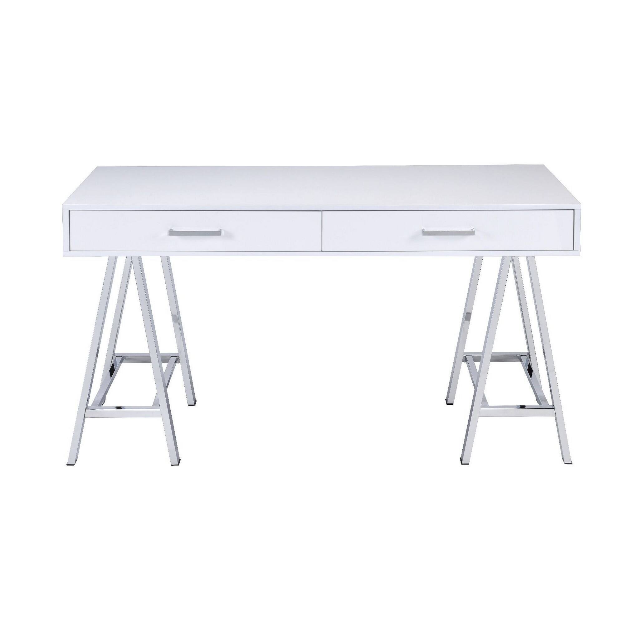 Angle. Manhattan Lane - Writing Desk with MDF 2 Drawers and Metal Legs, White and Chrome - White and Chrome.