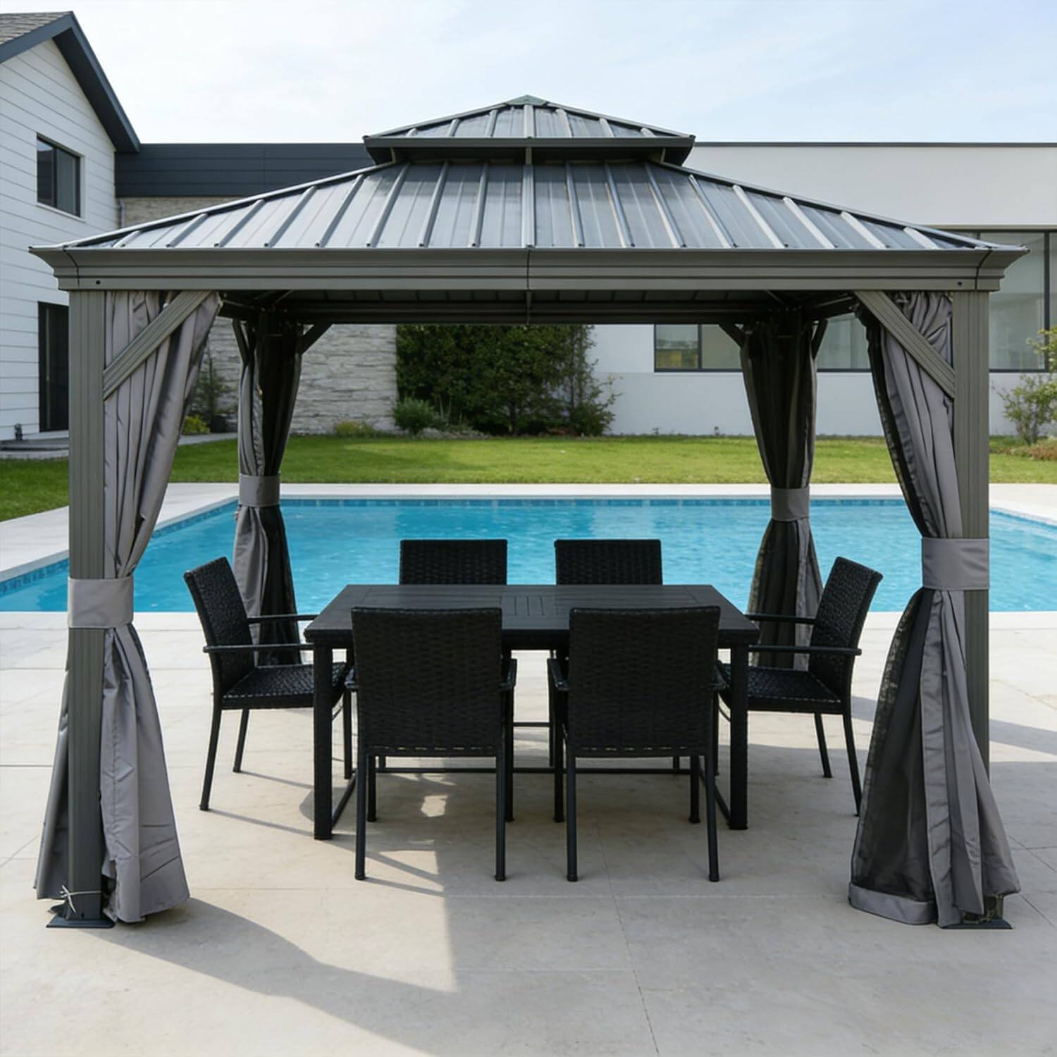 Angle. Mondawe - 13x13FT Outdoor Gazebo，Galvanized Steel Double Roof，Curtains and Netting Included - Dark Gray.