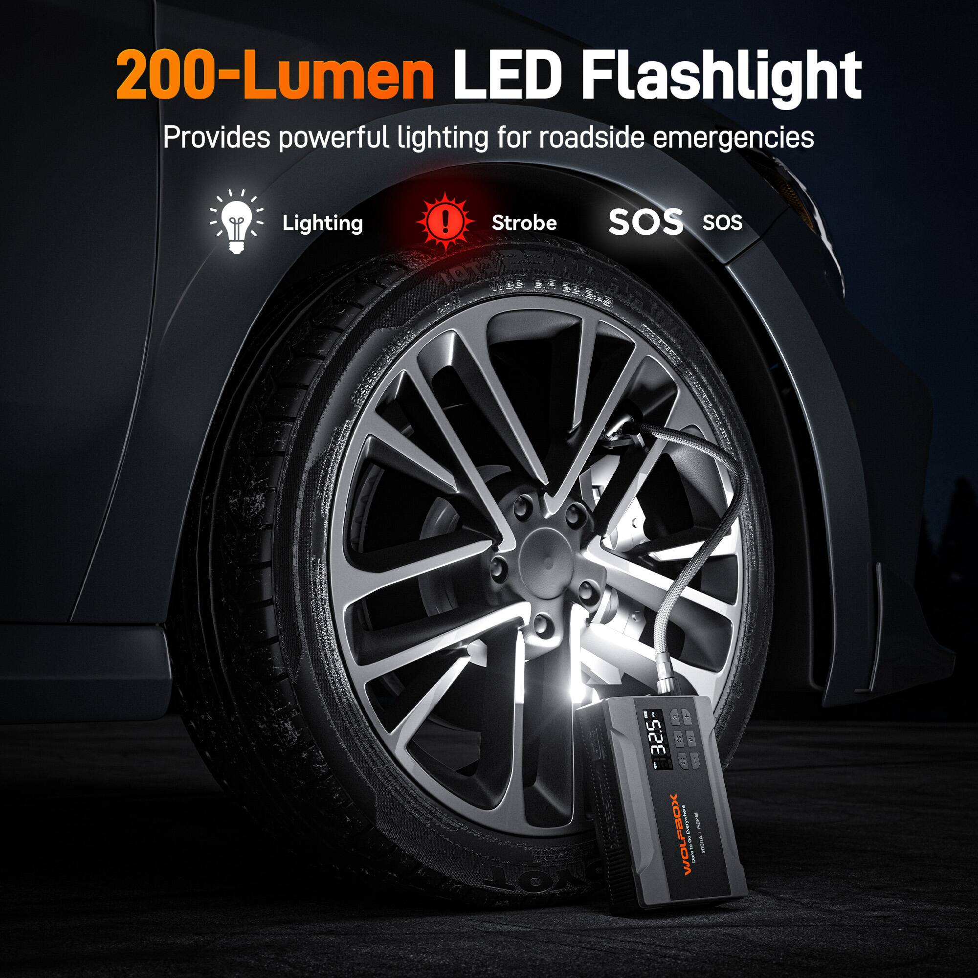 200-Lumen LED Flashlight  
Provides powerful lighting for roadside emergencies  
Lighting  
Strobe  
SOS SOS