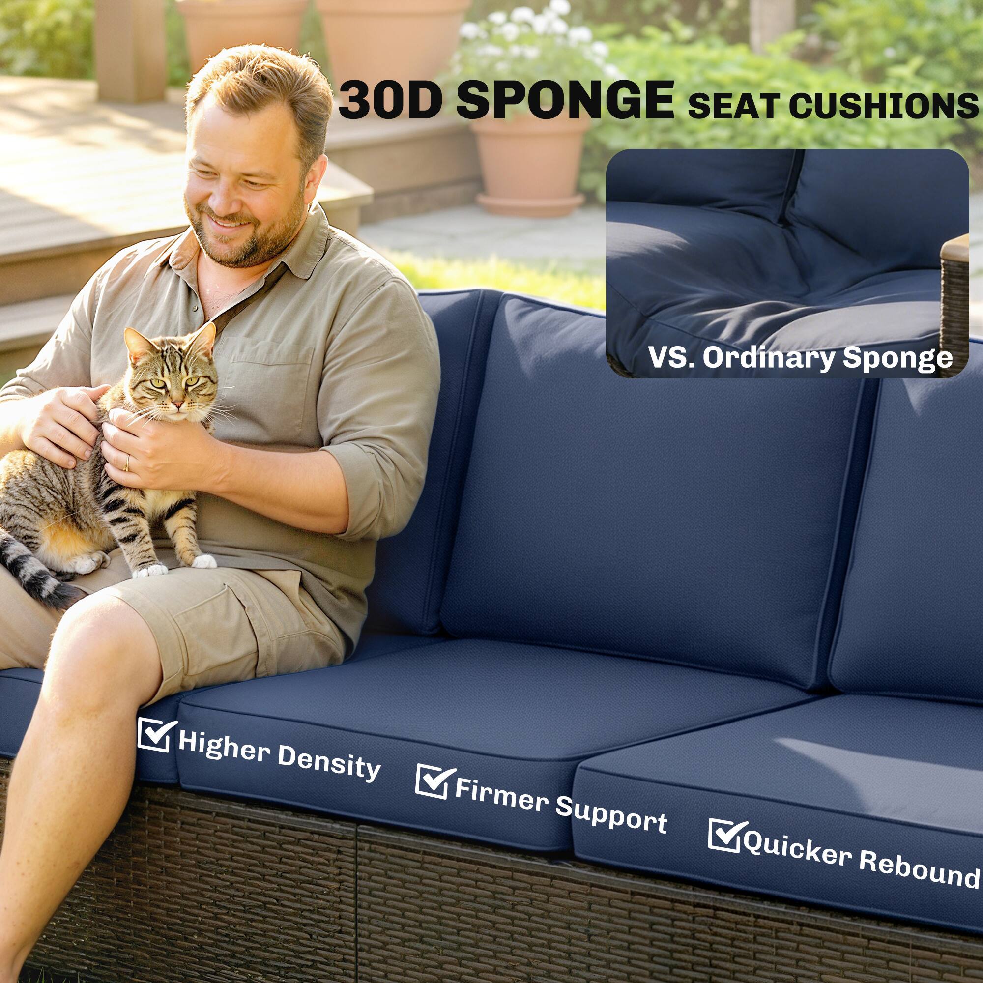 30D Sponge Seat Cushions vs. Ordinary Sponge

- Higher Density
- Firmer Support
- Quicker Rebound