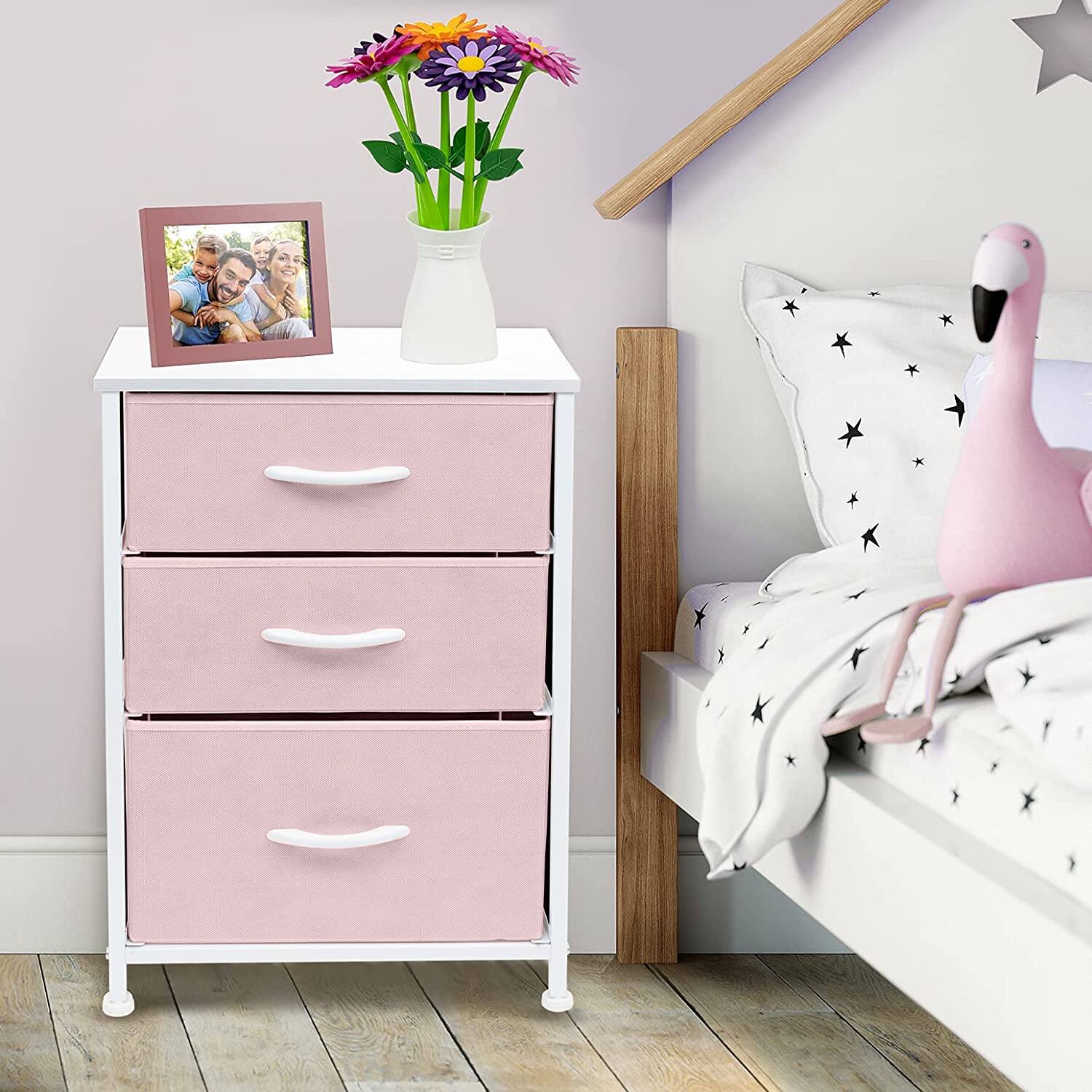 Angle. Sorbus - Sorbus Nightstand with 3 Drawers - Steel Frame, Wood Top &Fabric Bins -Home, Bedroom, Office & College Dorm - Pink.