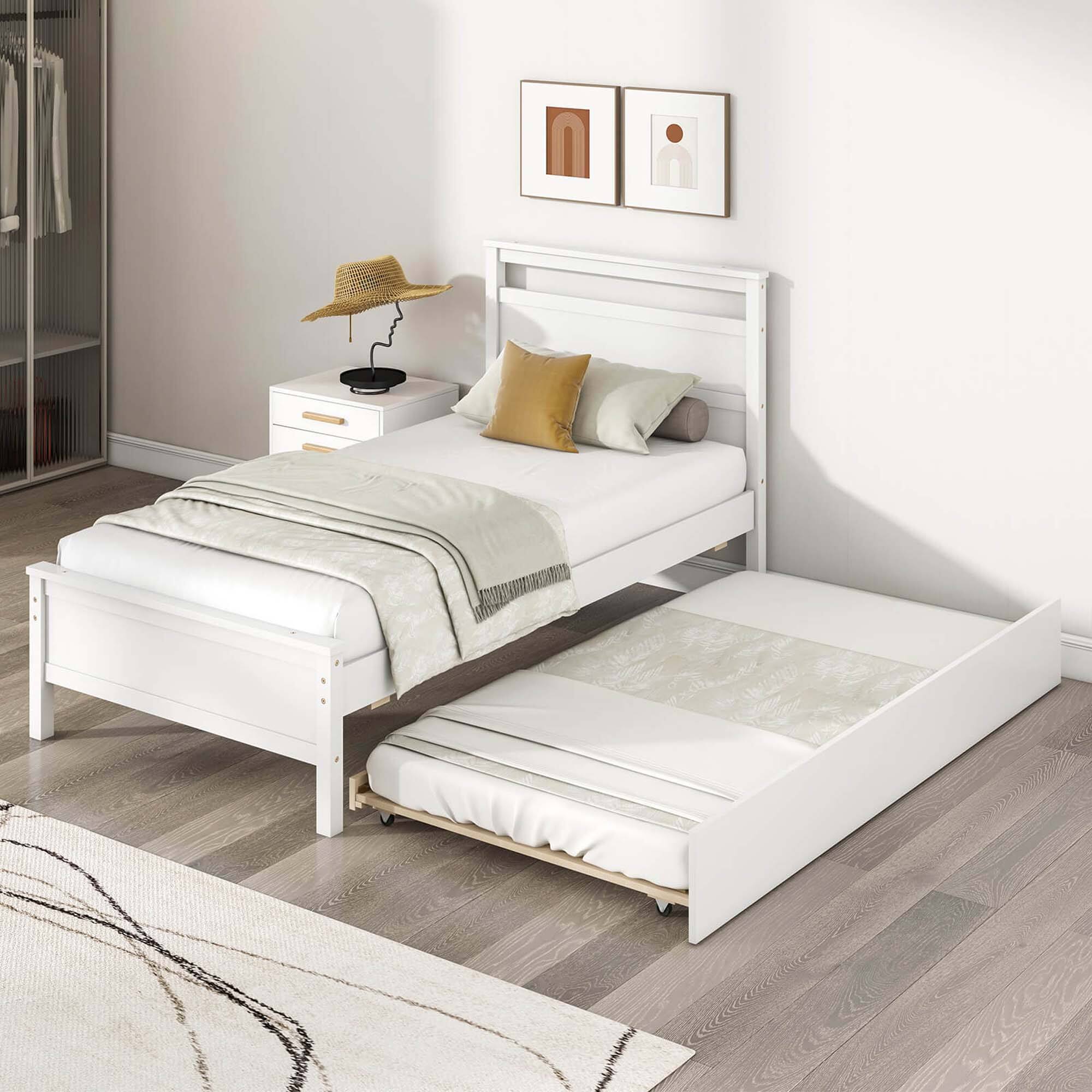 Angle. Costway - Twin Size Platform Bed with Trundle Pull-out Trundle Headboard & Footboard - White.