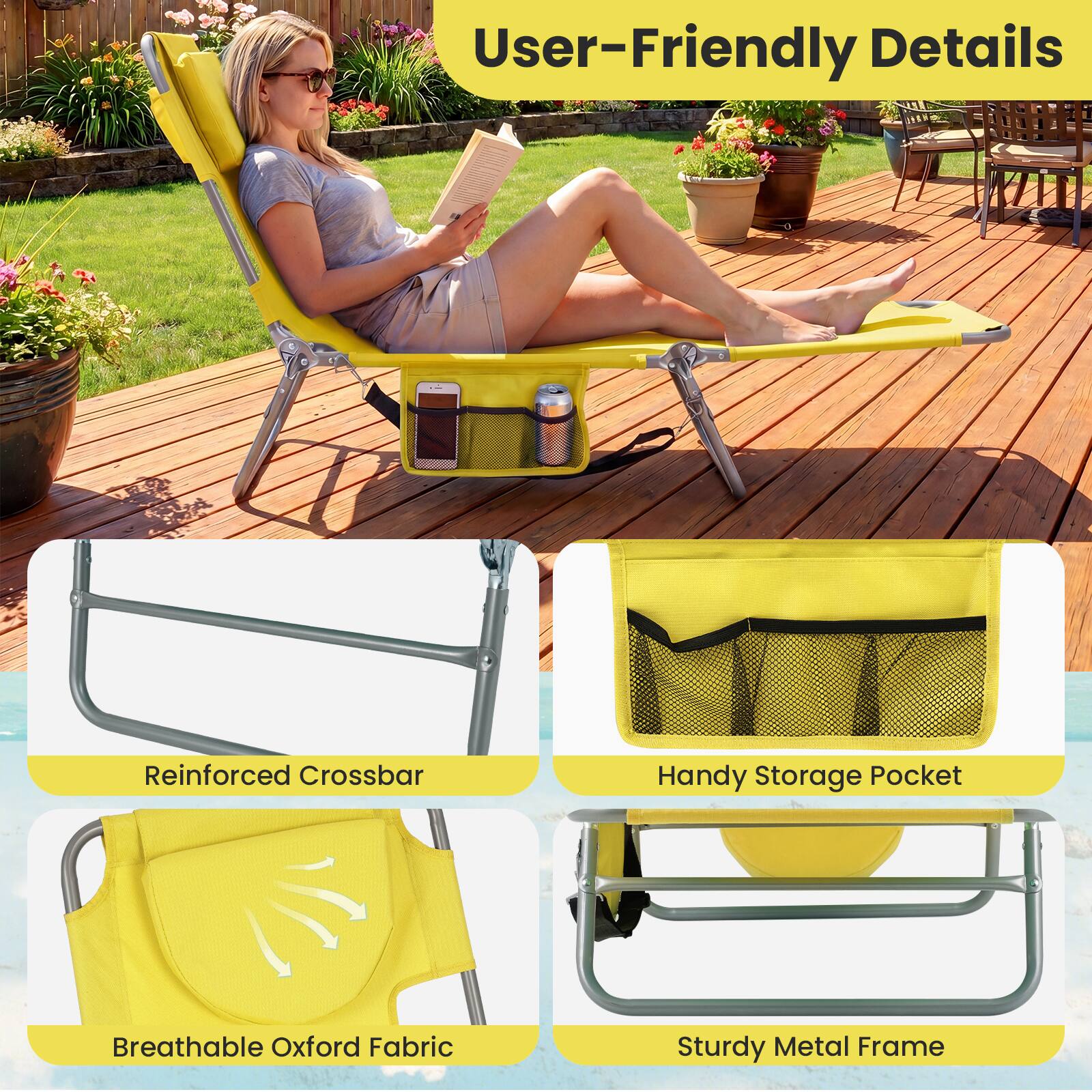 User-Friendly Details

- Reinforced Crossbar
- Handy Storage Pocket
- Breathable Oxford Fabric
- Sturdy Metal Frame