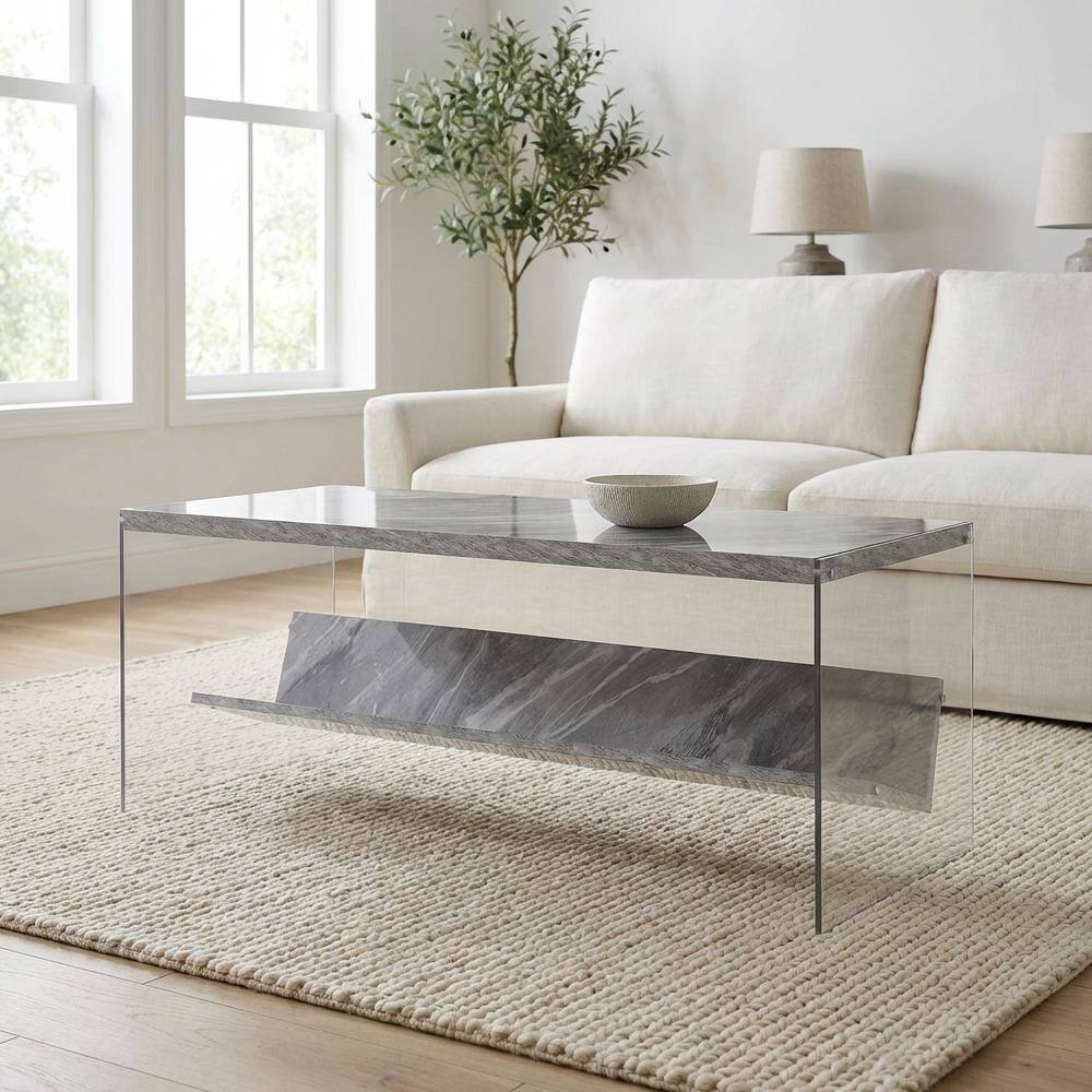 Back. FurniFact - Glass Coffee Table with Shelf Contemporary Design and Sturdy Construction SKU - Gray Faux Marble/Glass.