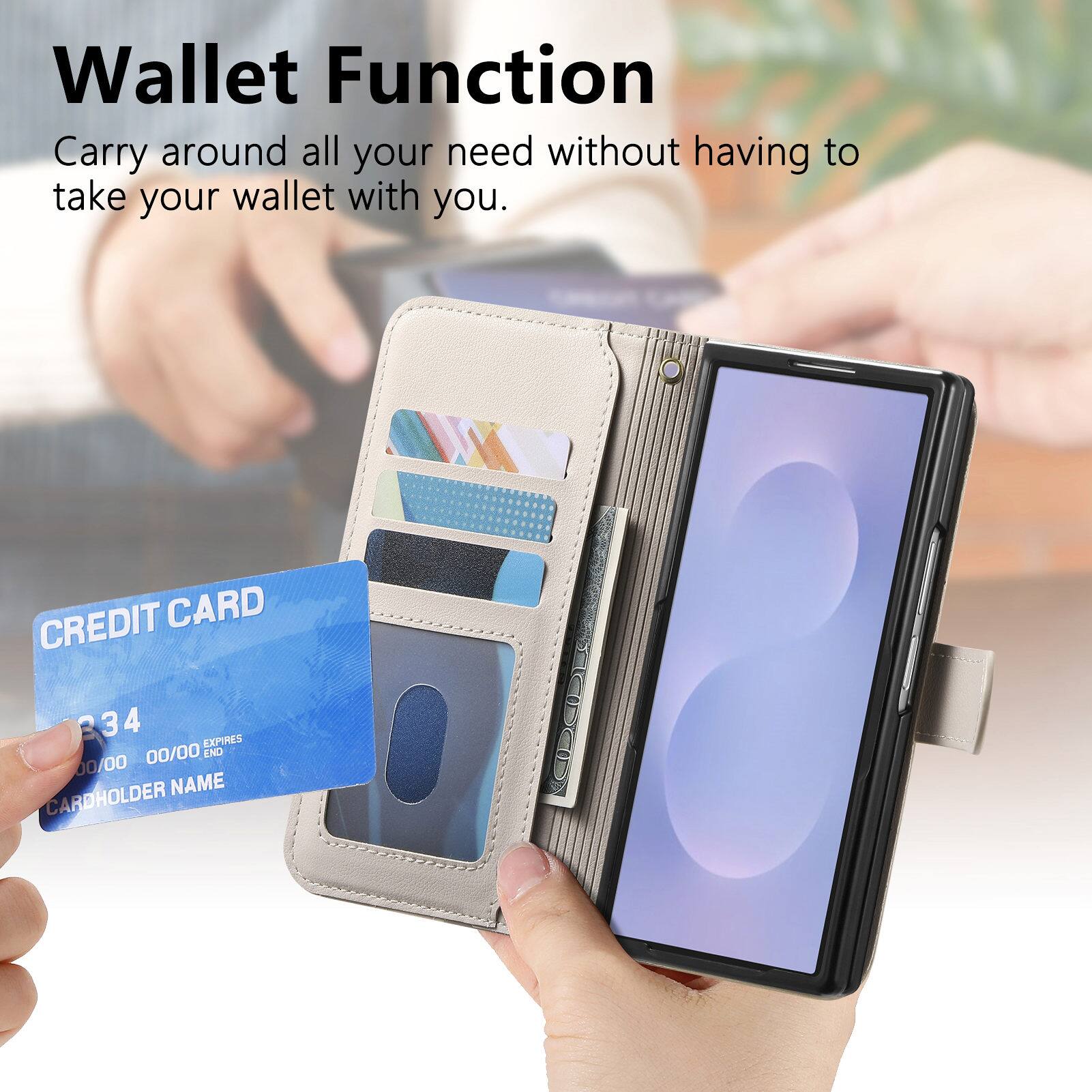 Wallet Function  
Carry around all your need without having to take your wallet with you.  

CREDIT CARD  
334  
EXPIRES 00/00  
END 00/00  
CARDHOLDER NAME