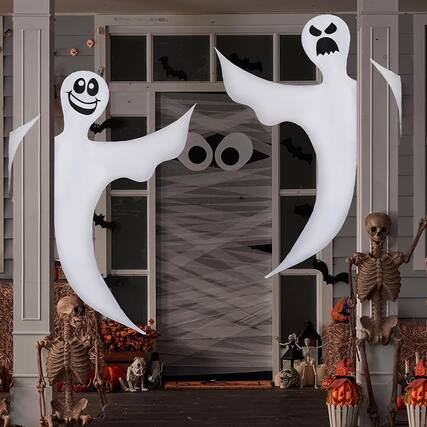 Front. RTMB - 2 Pcs 53" Bendable Hanging Ghosts for Lawn, Tree, Pilar Halloween Decor - White.
