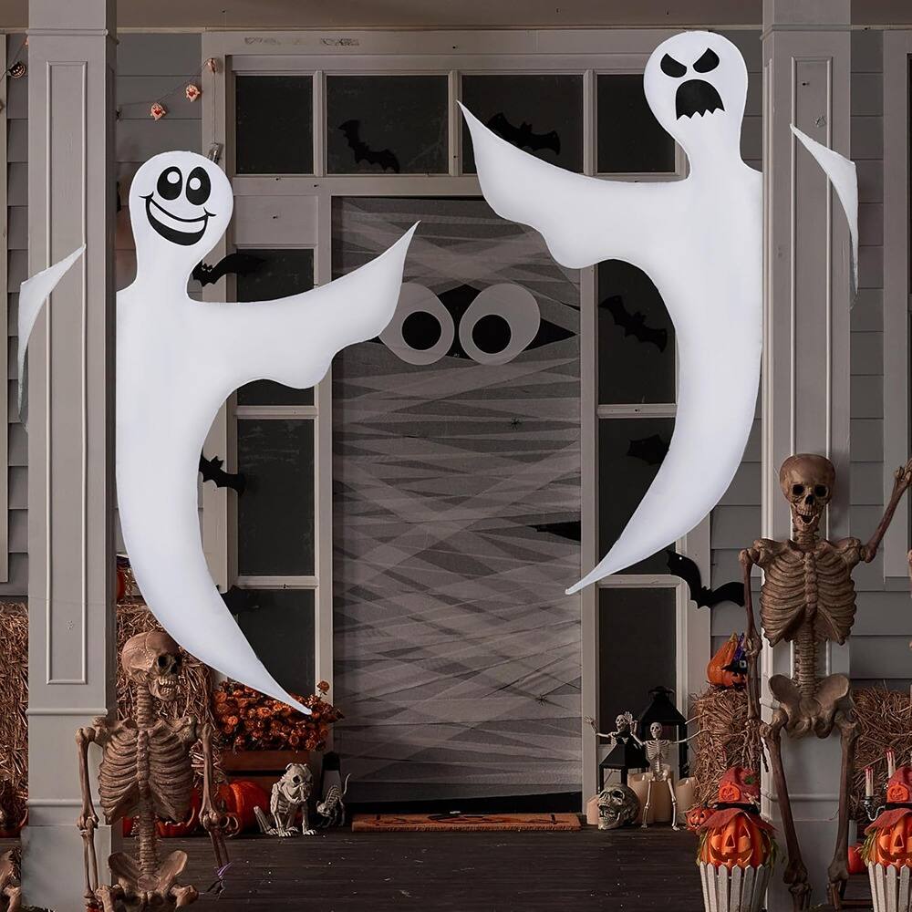 Front. RTMB - 2 Pcs 53" Bendable Hanging Ghosts for Lawn, Tree, Pilar Halloween Decor - White.