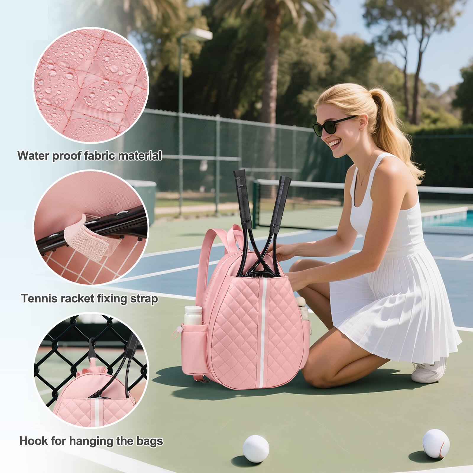 Waterproof fabric material  
Tennis racket fixing strap  
Hook for hanging the bags