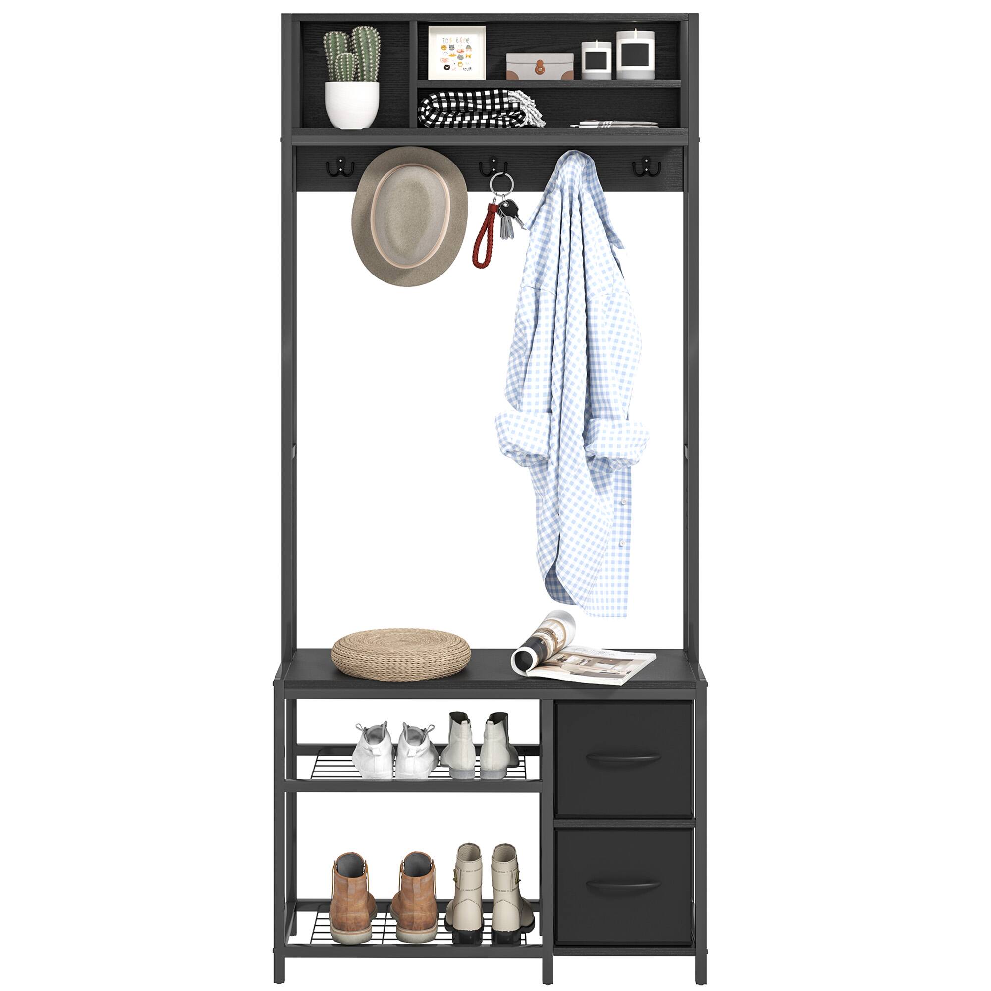 Homcom - Hall Tree with Bench and Shoe Storage, 5-in-1 Entryway Bench with Coat Rack, 3 Storage Compartments, 5 Coat Hooks - Black