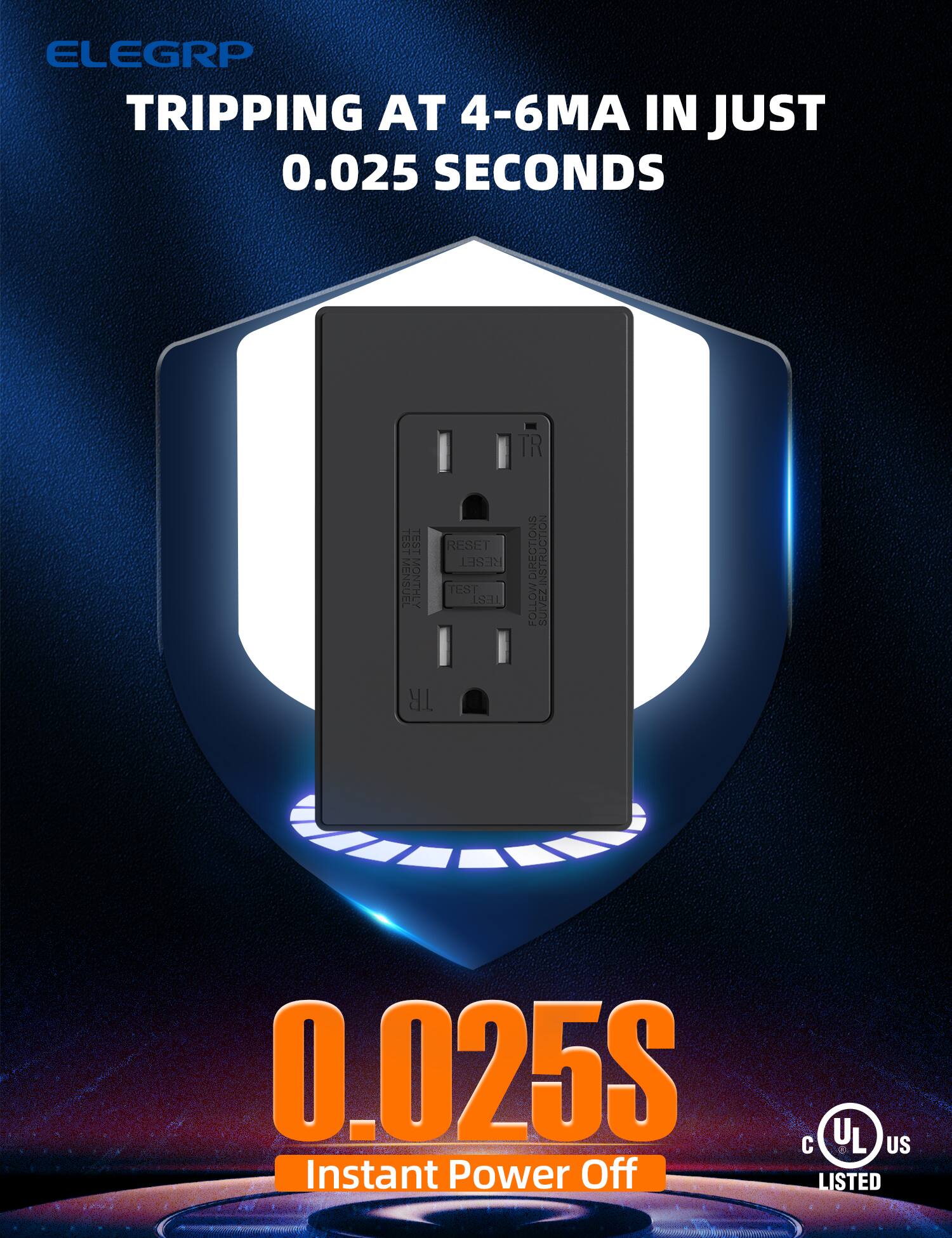 ELEGRP  
TRIPPING AT 4-6MA IN JUST 0.025 SECONDS  

0.025S  
Instant Power Off  

TEST MENSUEL  
RESET  

FOLLOW INSTRUCTIONS  

UL LISTED  
US