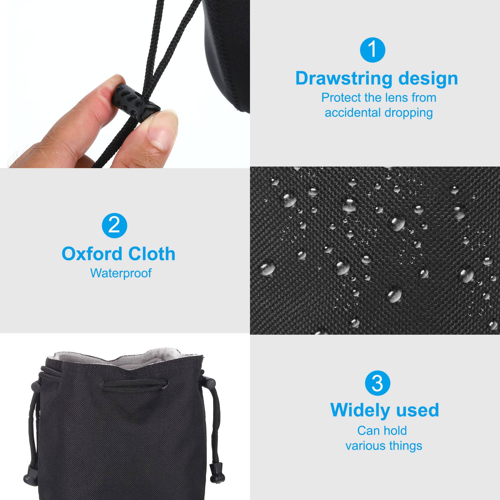 1. Drawstring design  
   Protect the lens from accidental dropping

2. Oxford Cloth  
   Waterproof

3. Widely used  
   Can hold various things