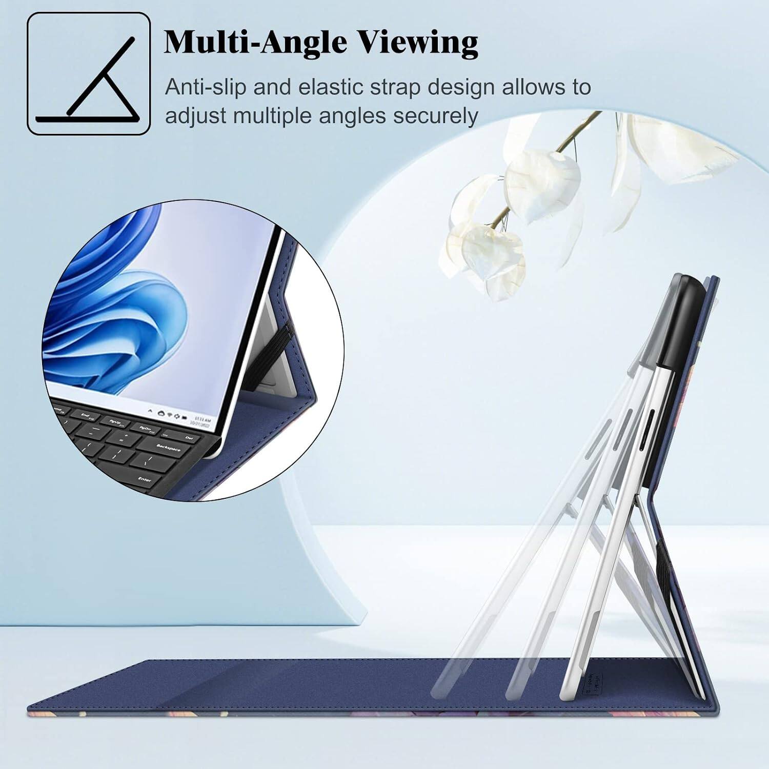 Multi-Angle Viewing  
Anti-slip and elastic strap design allows to adjust multiple angles securely