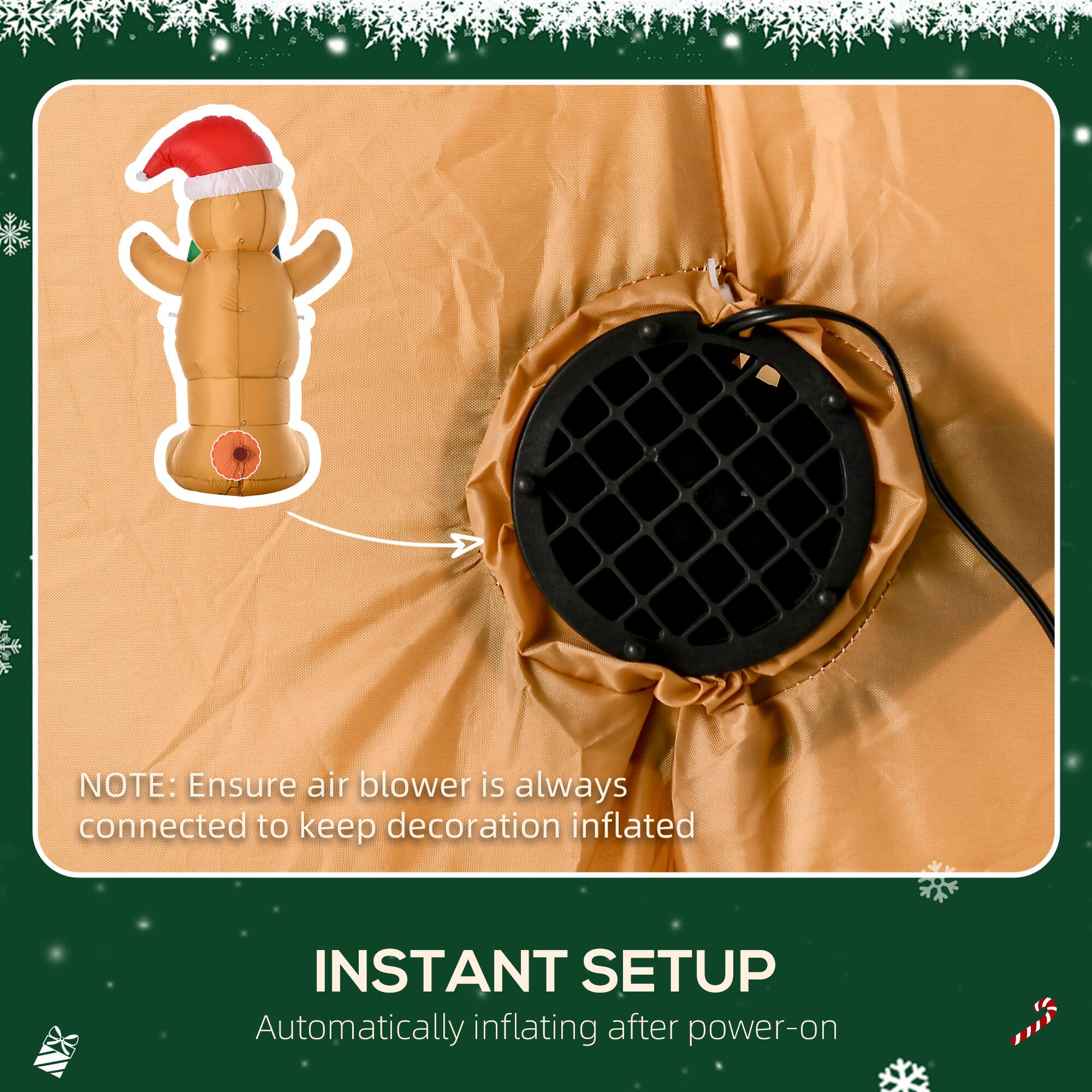 NOTE: Ensure air blower is always connected to keep decoration inflated.

INSTANT SETUP
Automatically inflating after power-on.