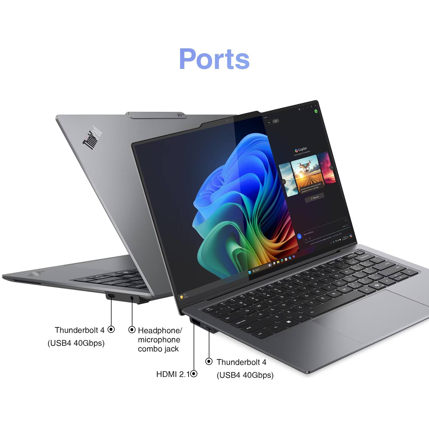 Ports

- ThinkPad 1 Capilet Thunderbolt 4 (USB4 40Gbps)
- Headphone/ microphone combo jack
- HDMI 2.1