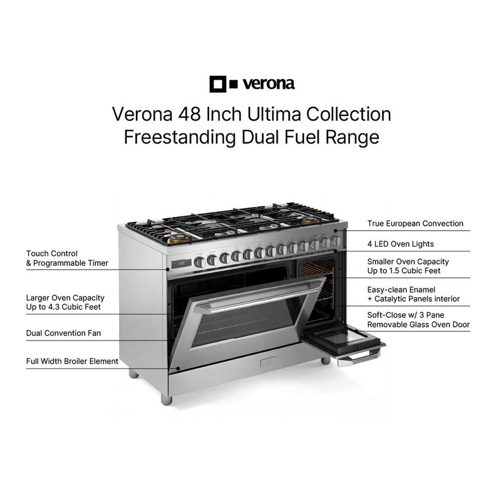 Verona 48 Inch Ultima Collection Freestanding Dual Fuel Range

True European Convection
Touch Control & Programmable Timer
4 LED Oven Lights
Smaller Oven Capacity Up to 1.5 Cubic Feet
Larger Oven Capacity Up to 4.3 Cubic Feet
Dual Convention Fan
Easy-clean Enamel + Catalytic Panels interior
Soft-Close w/ 3 Pane Removable Glass Oven Door
Full Width Broiler Element