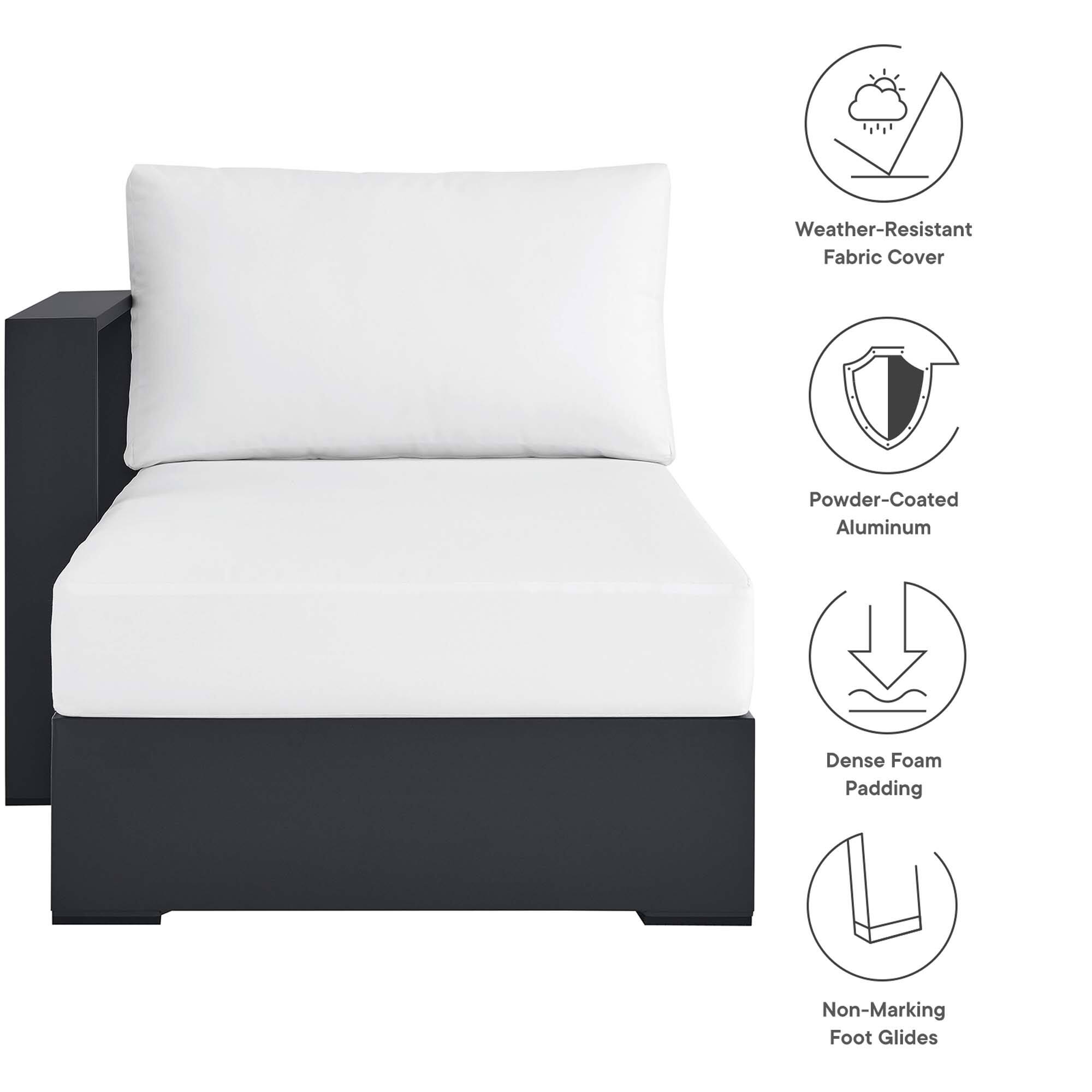 - Weather-Resistant Fabric Cover
- Powder-Coated Aluminum
- Dense Foam Padding
- Non-Marking Foot Glides