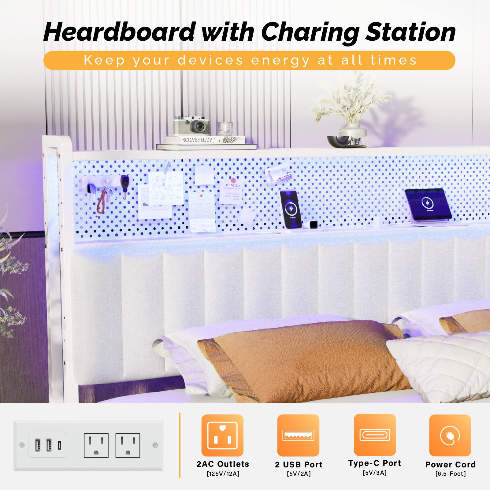 Heardboard with Charging Station  
Keep your devices energy at all times  

- 2AC Outlets [125V/12A]  
- 2 USB Port [5V/2A]  
- Type-C Port [5V/3A]  
- Power Cord [6.5-Foot]