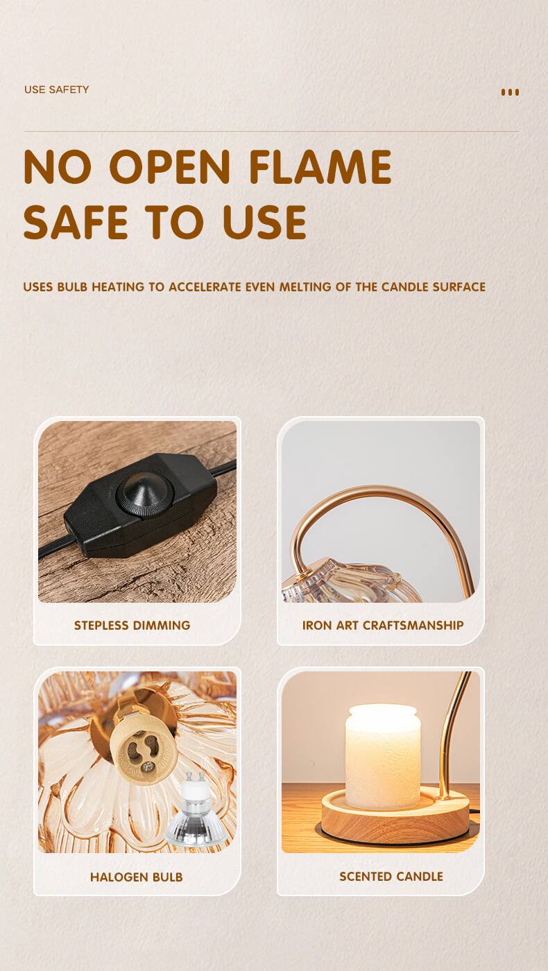 USE SAFETY  
NO OPEN FLAME  
SAFE TO USE  

USES BULB HEATING TO ACCELERATE EVEN MELTING OF THE CANDLE SURFACE  

- STEPLESS DIMMING  
- IRON ART CRAFTSMANSHIP  
- HALOGEN BULB  
- SCENTED CANDLE