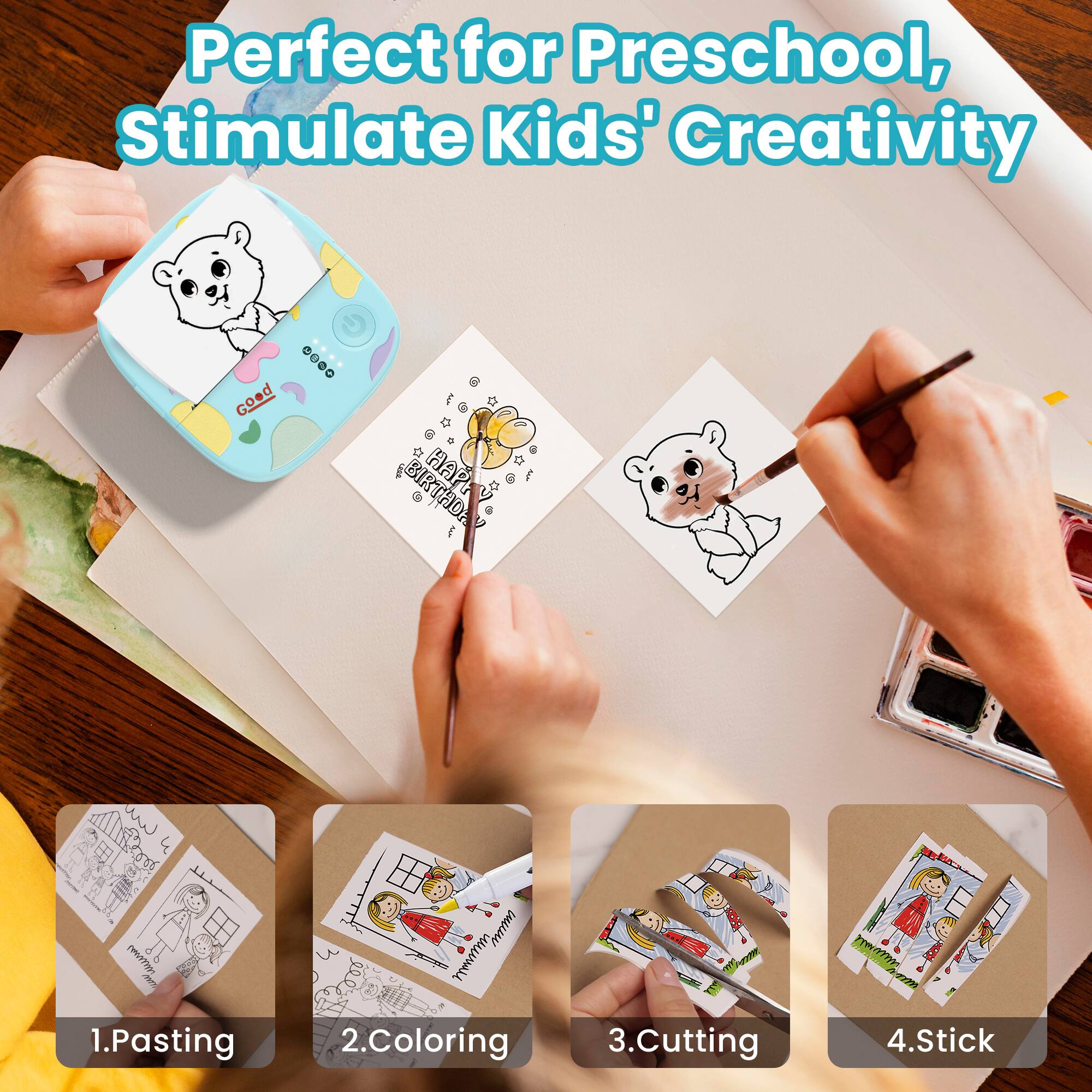 Perfect for Preschool, Stimulate Kids' Creativity

1. Pasting
2. Coloring
3. Cutting
4. Stick