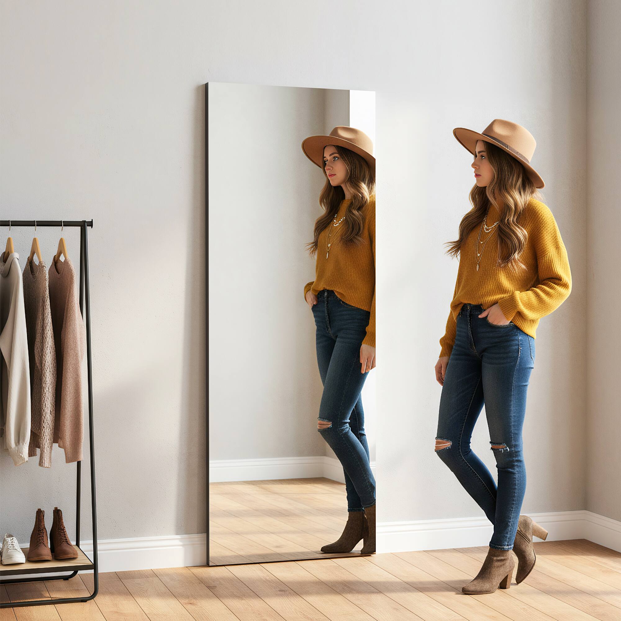 Front. Spaco - Spaco 64 x 21 Rectangle Frameless Anti Full-Length Tempered Mirror with Aluminum Back Frame - Black.