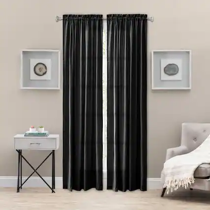 Front. Ellis Curtain - Ellis Curtain Portland Crushed Taffeta Rod Pocket Tailored Panel - 48x63" Black - Black.