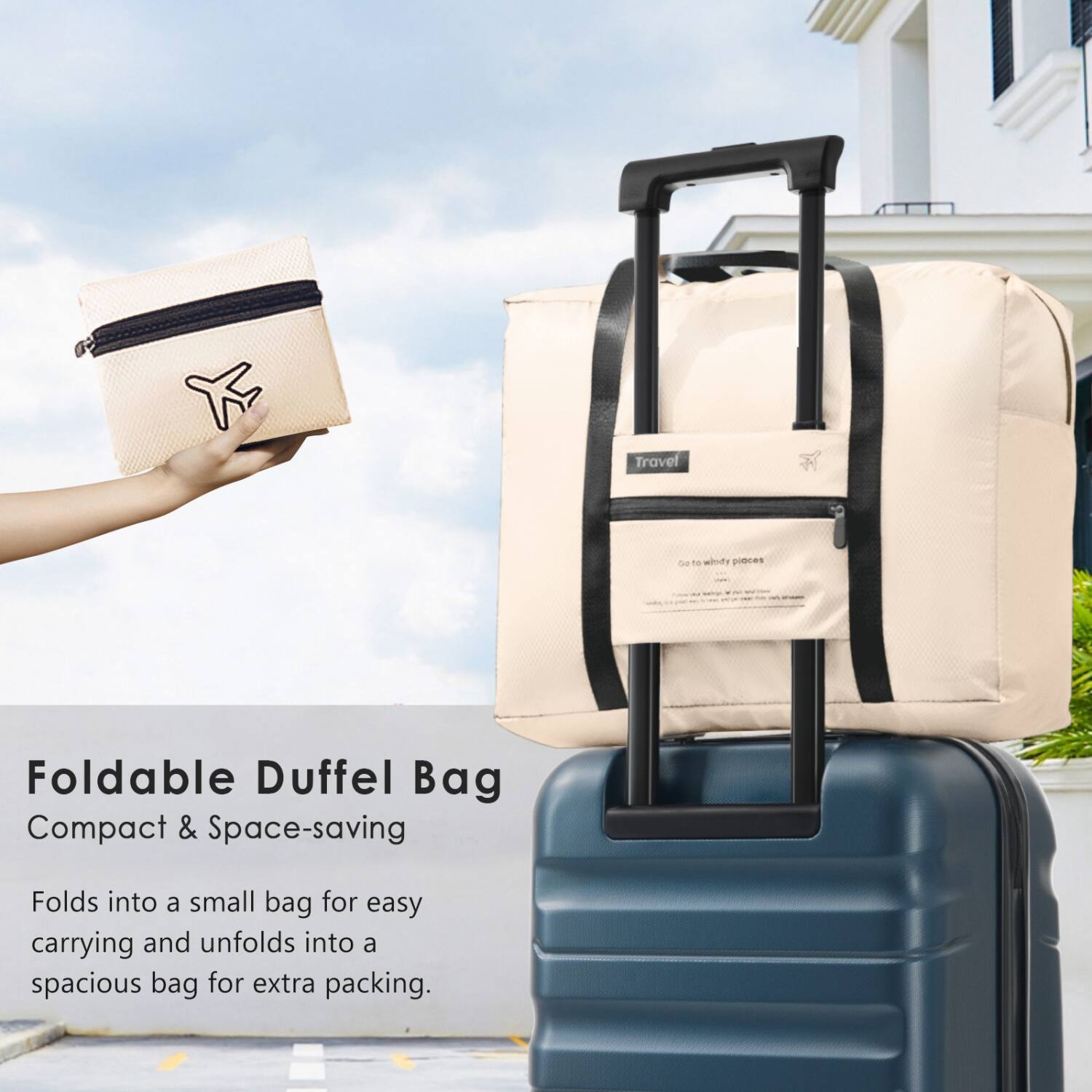 Foldable Duffel Bag  
Compact & Space-saving  
Folds into a small bag for easy carrying and unfolds into a spacious bag for extra packing.
