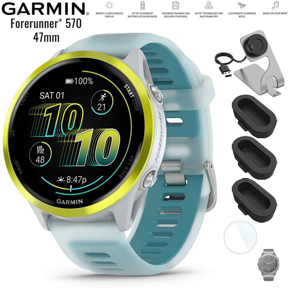 Garmin - Forerunner 570 - 47mm GPS Smartwatch Turquoise Band with Charging Bundle - Amp Yellow Aluminum - (2025)