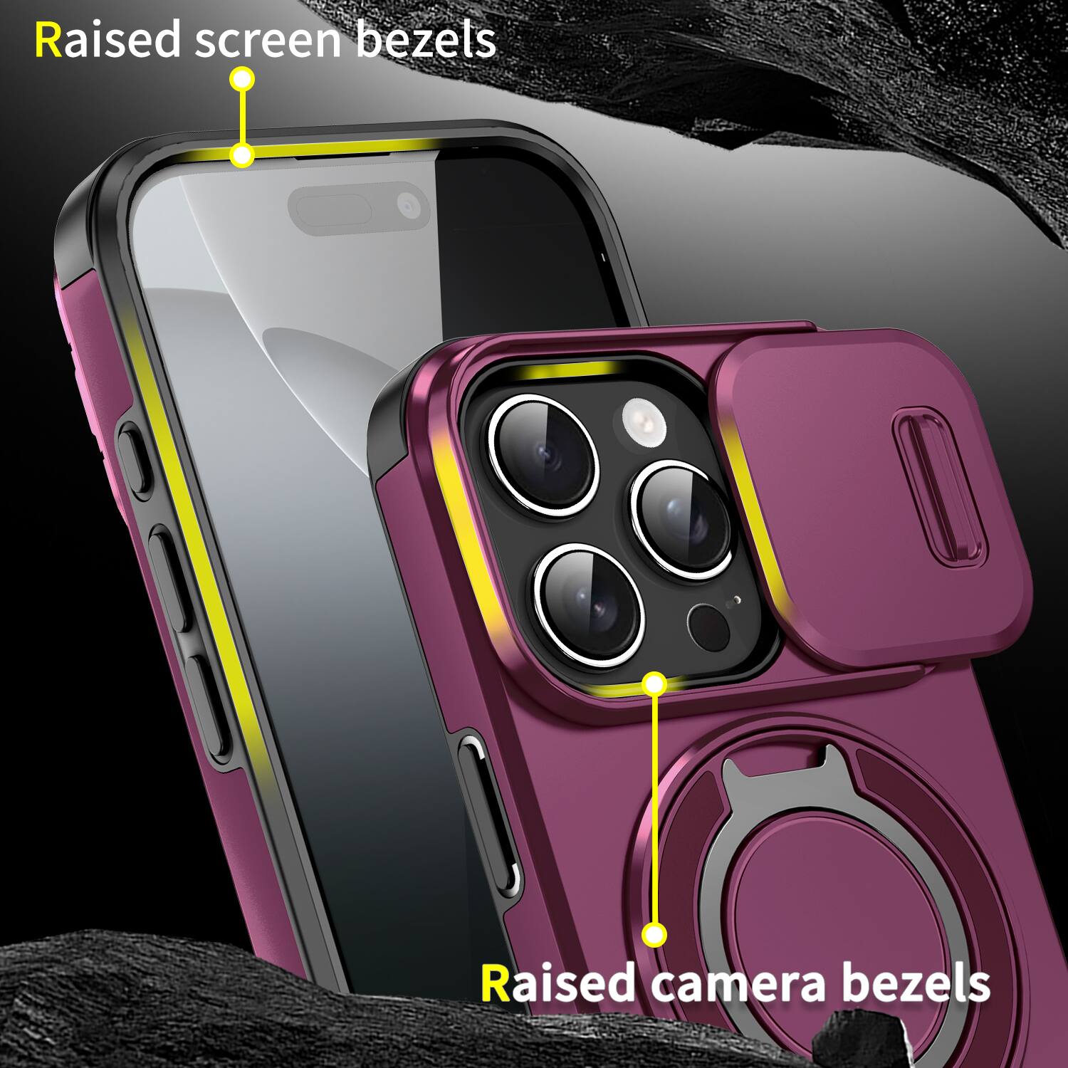 Raised screen bezels  
Raised camera bezels