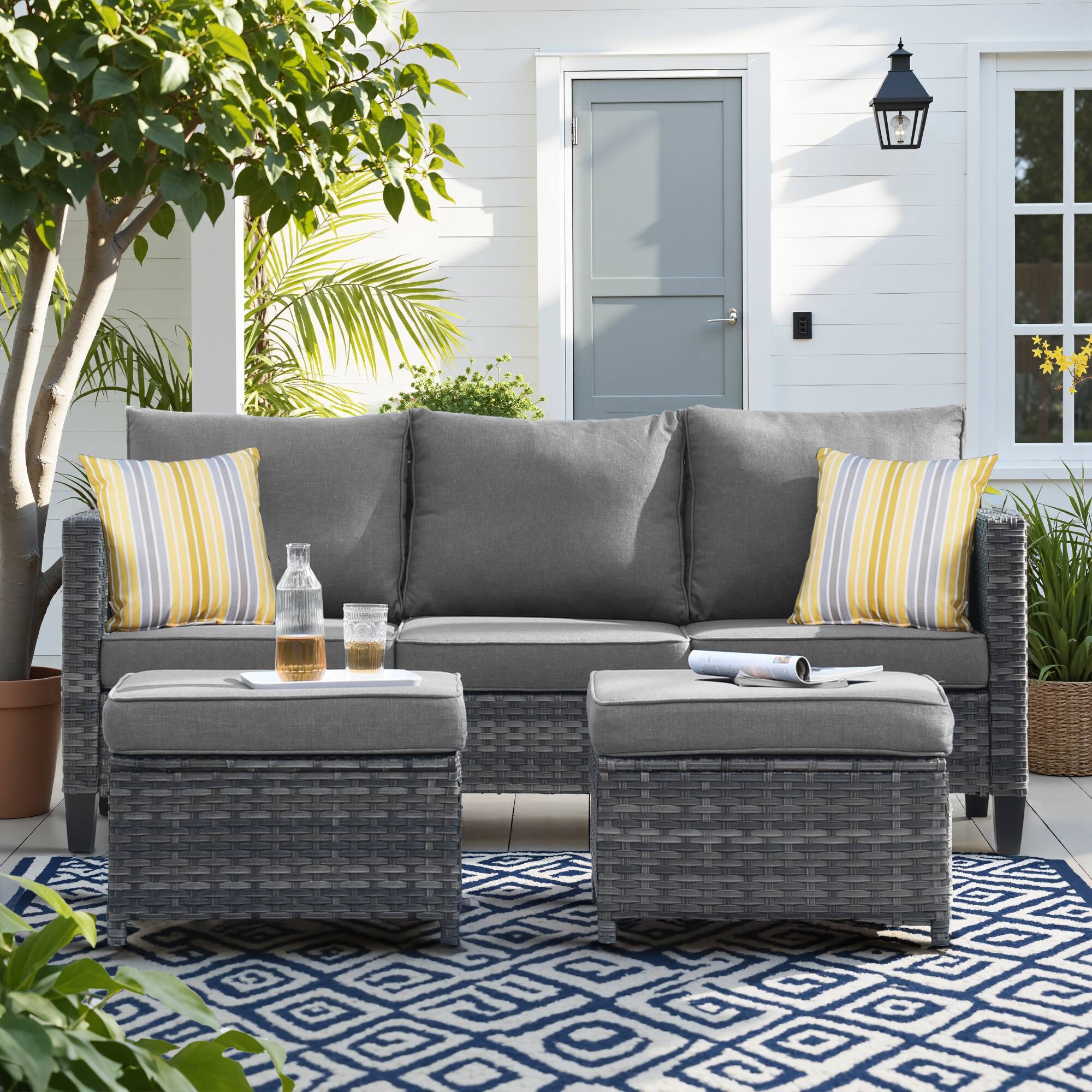 Ovios - 3 PCS Patio Furniture Set, Rattan Wicker Coversation Couch with Ottoman - Dark Gray price history on PriceWatchPro