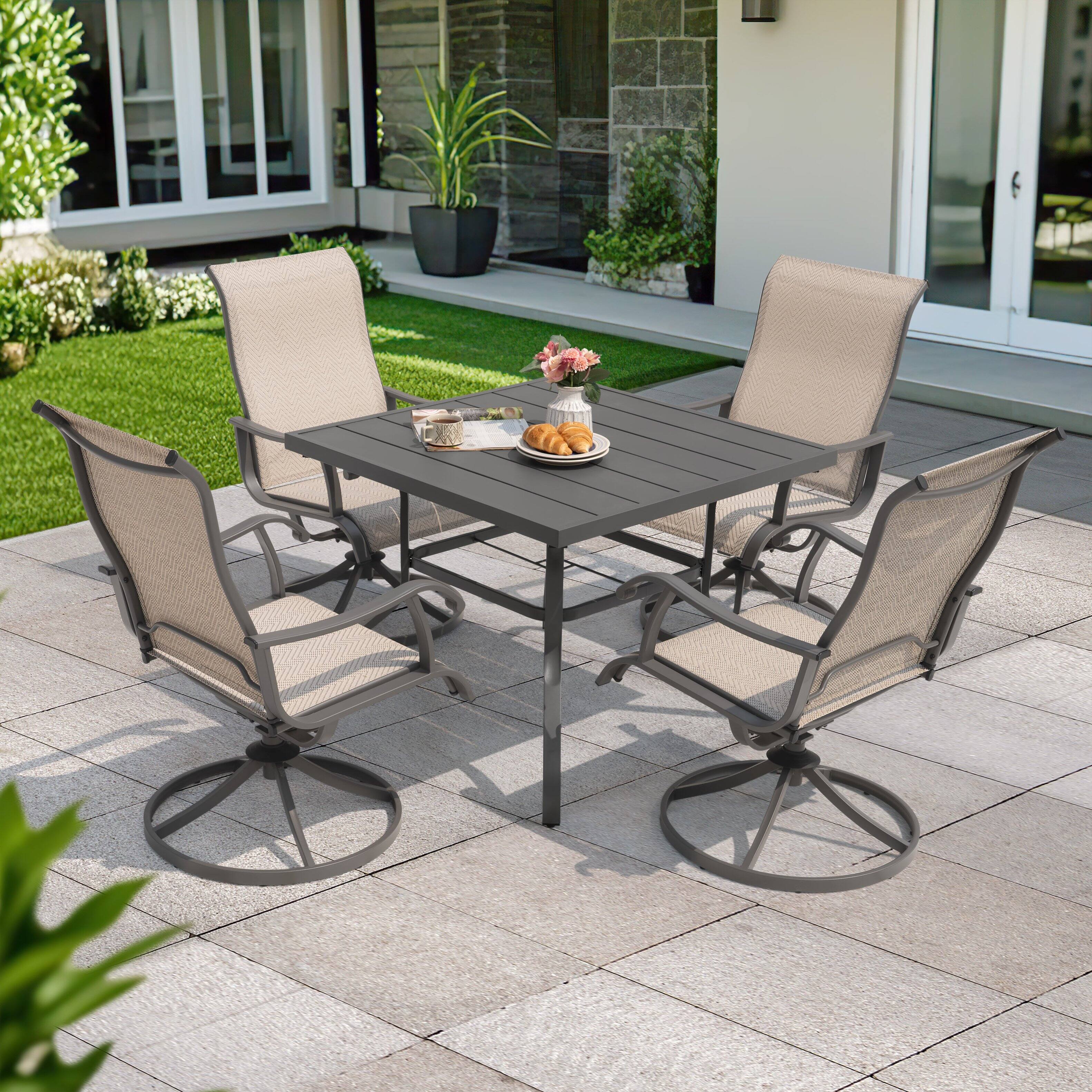 Alt View 8. Nuu Garden - Patio 5 Pieces Textilene Dining Set with Swivel Design, Umbrella Hole - Beige and Gray.