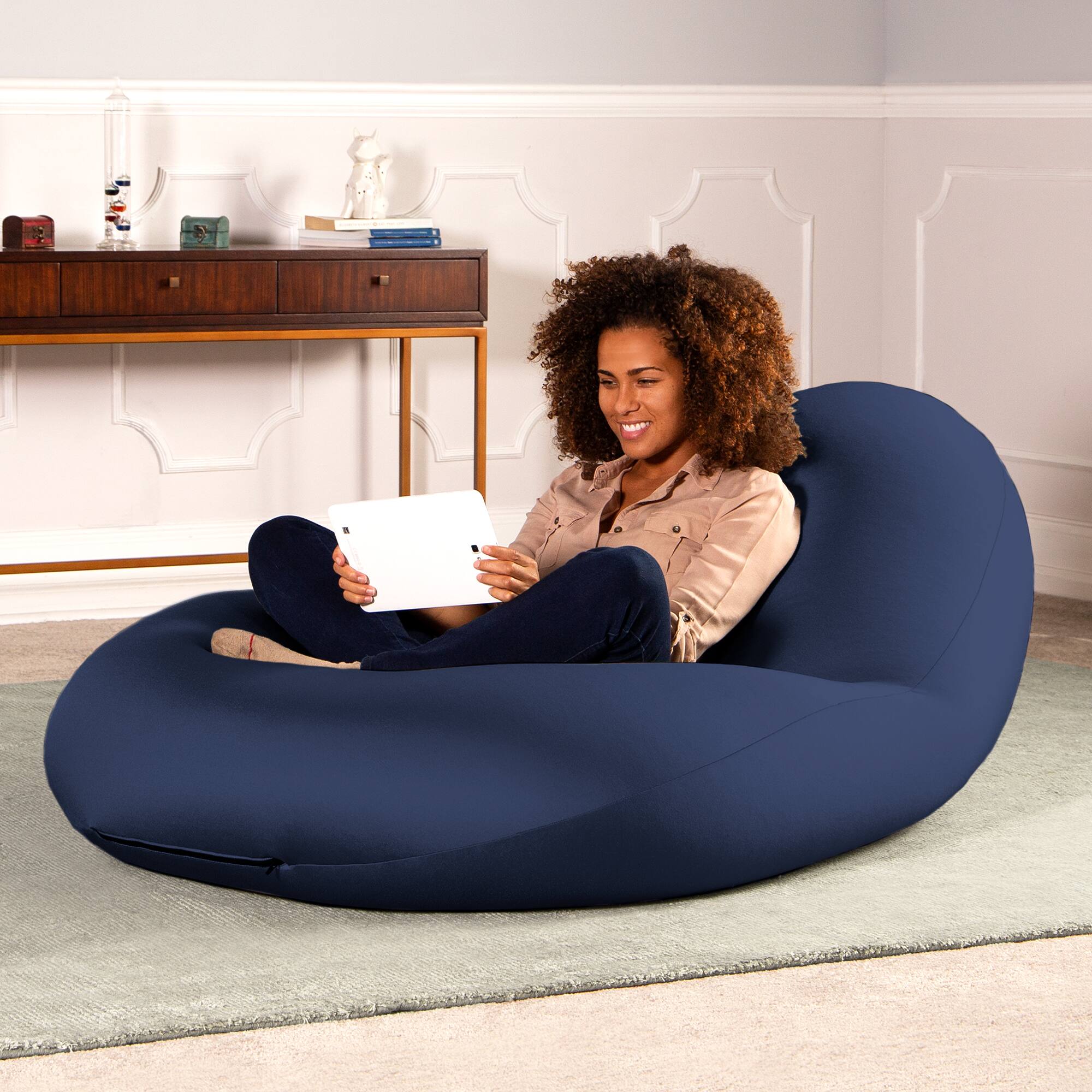 Left. Jaxx - Nimbus Spandex Bean Bag Chair, Large, Navy - Navy.