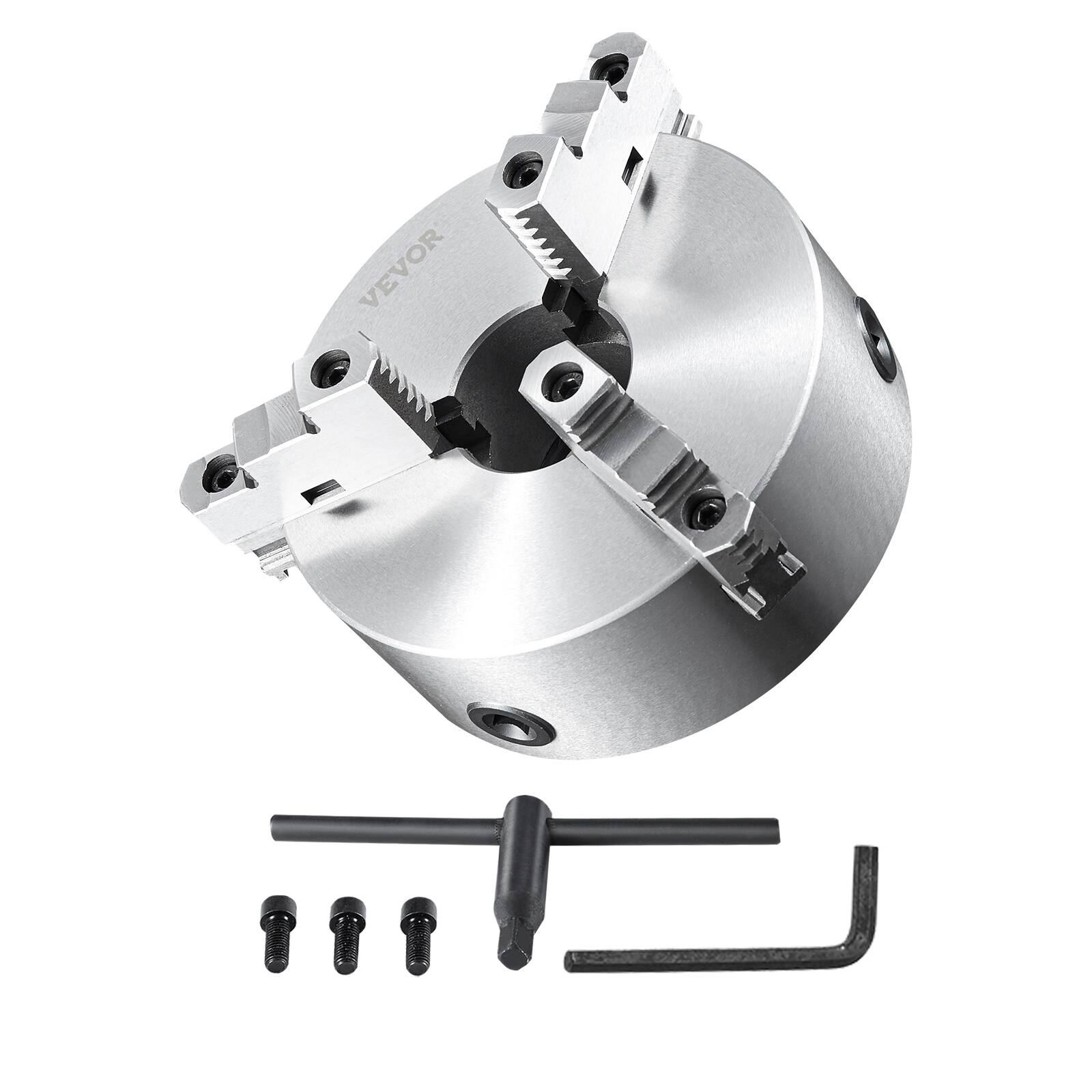 Alt View 5. VEVOR - 3-Jaw Lathe Chuck, 8'', Self-Centering Lathe Chuck, 0.16-8 in/4-200 mm Clamping Range with T-key Fixing Screws Hexagon - Silver.