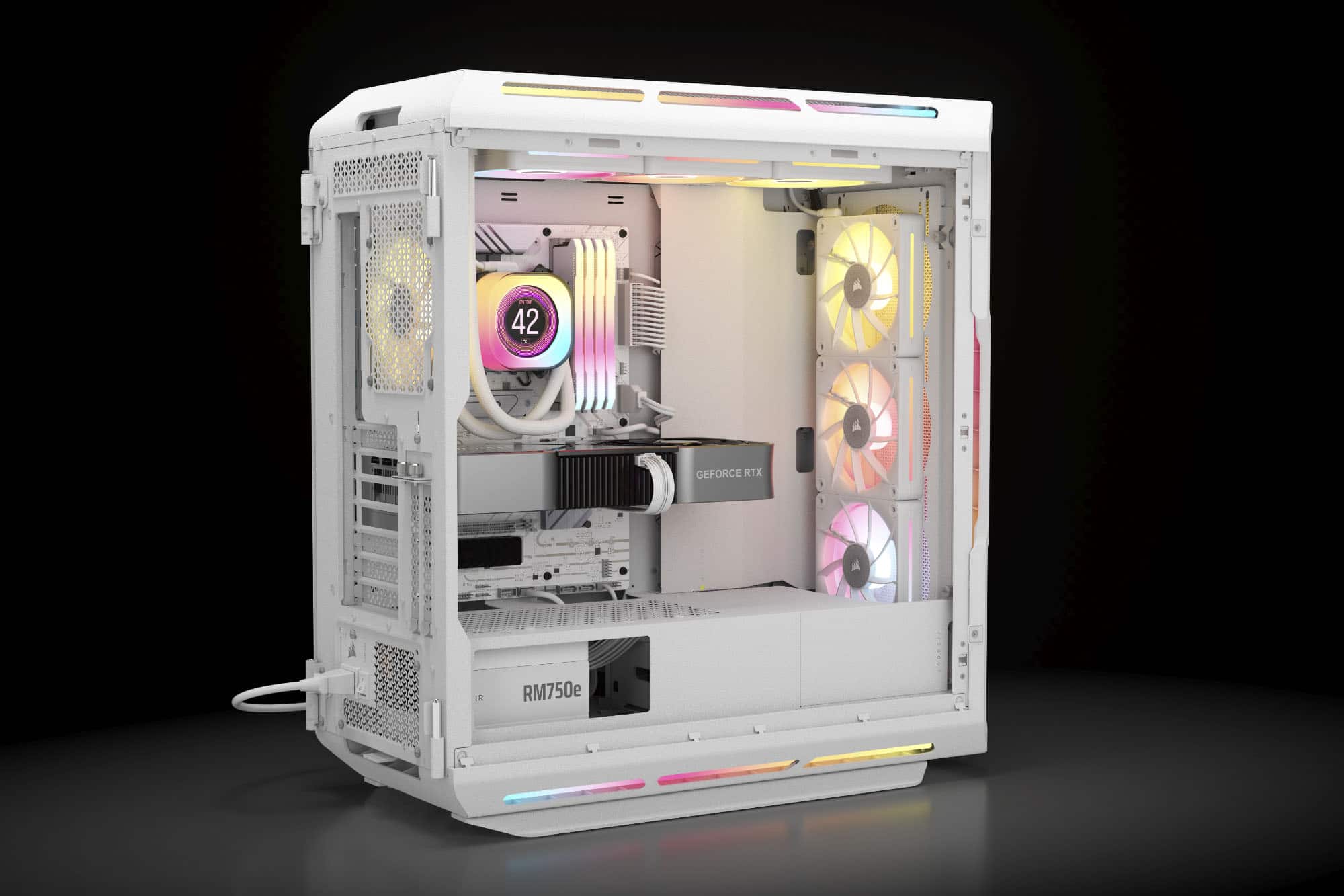 The text on the image reads: "42 GEFORCE RTX 9 RM750e". This text is likely a description of the computer's specifications, including the graphics card and its model number.